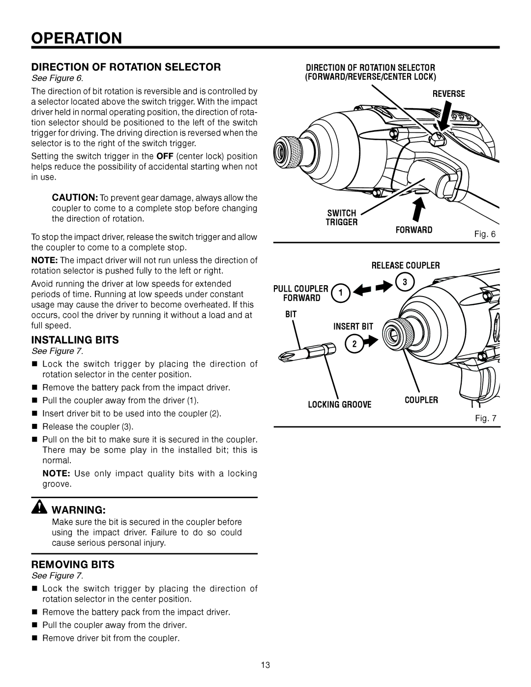 RIDGID R842301 manual Installing Bits, Removing Bits, Reverse, Forward, BIT Insert BIT Locking Groove 