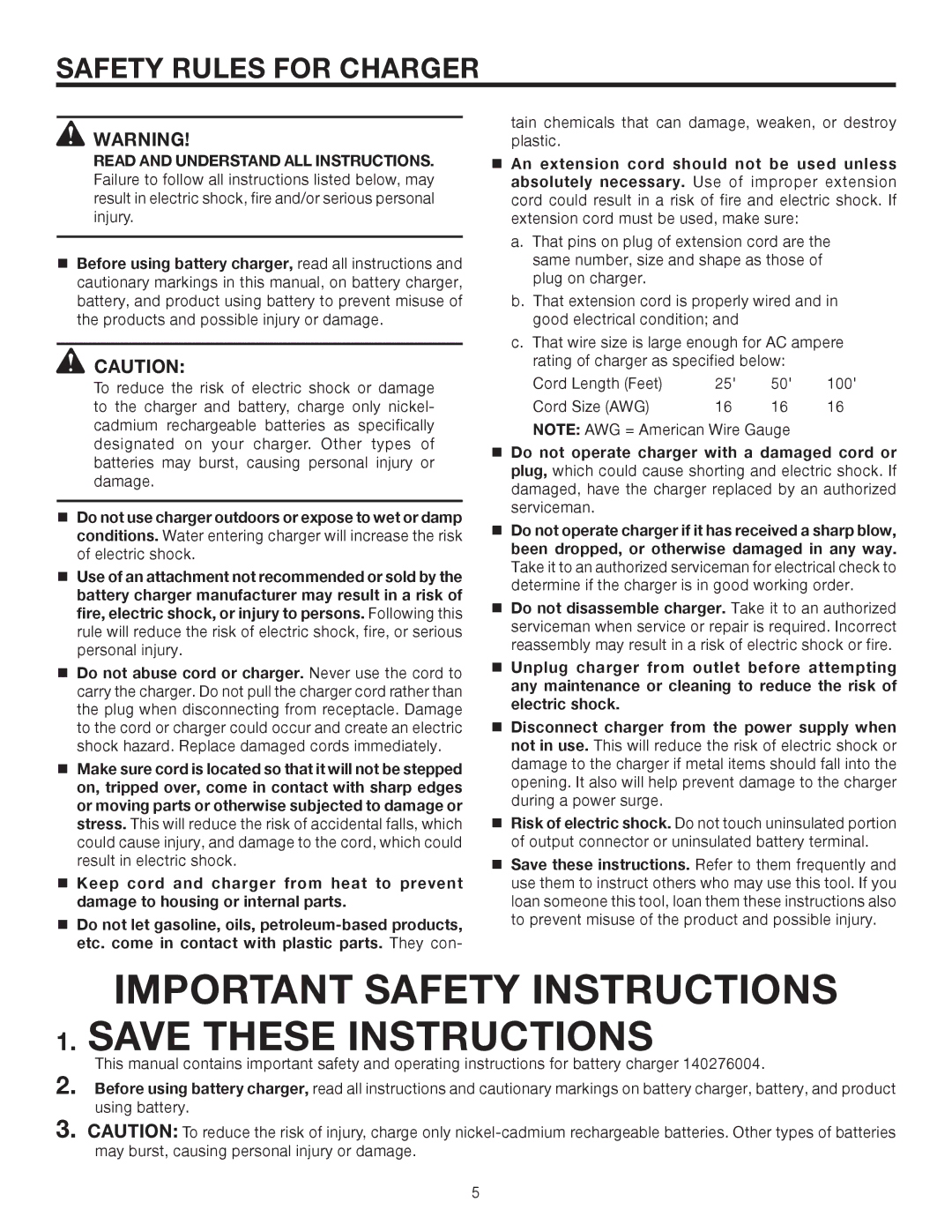 RIDGID R842301 manual Important Safety Instructions, Safety Rules for Charger 