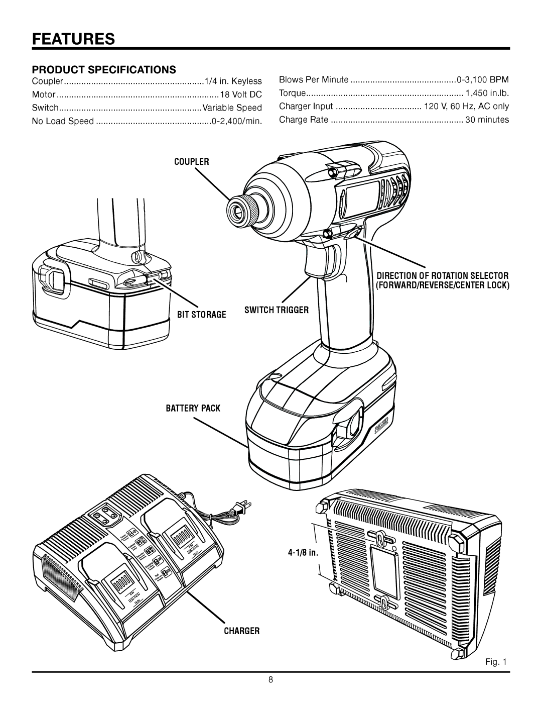 RIDGID R842301 manual Features, Product Specifications, BIT Storage, Battery Pack Charger 