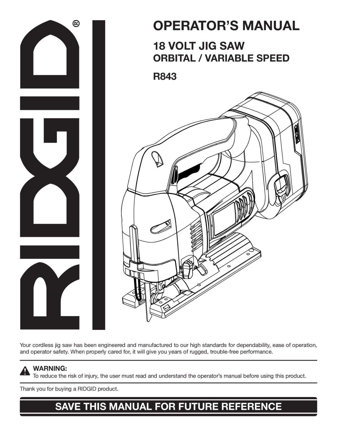 RIDGID R843 manual OPERATOR’S Manual, Orbital / Variable Speed 