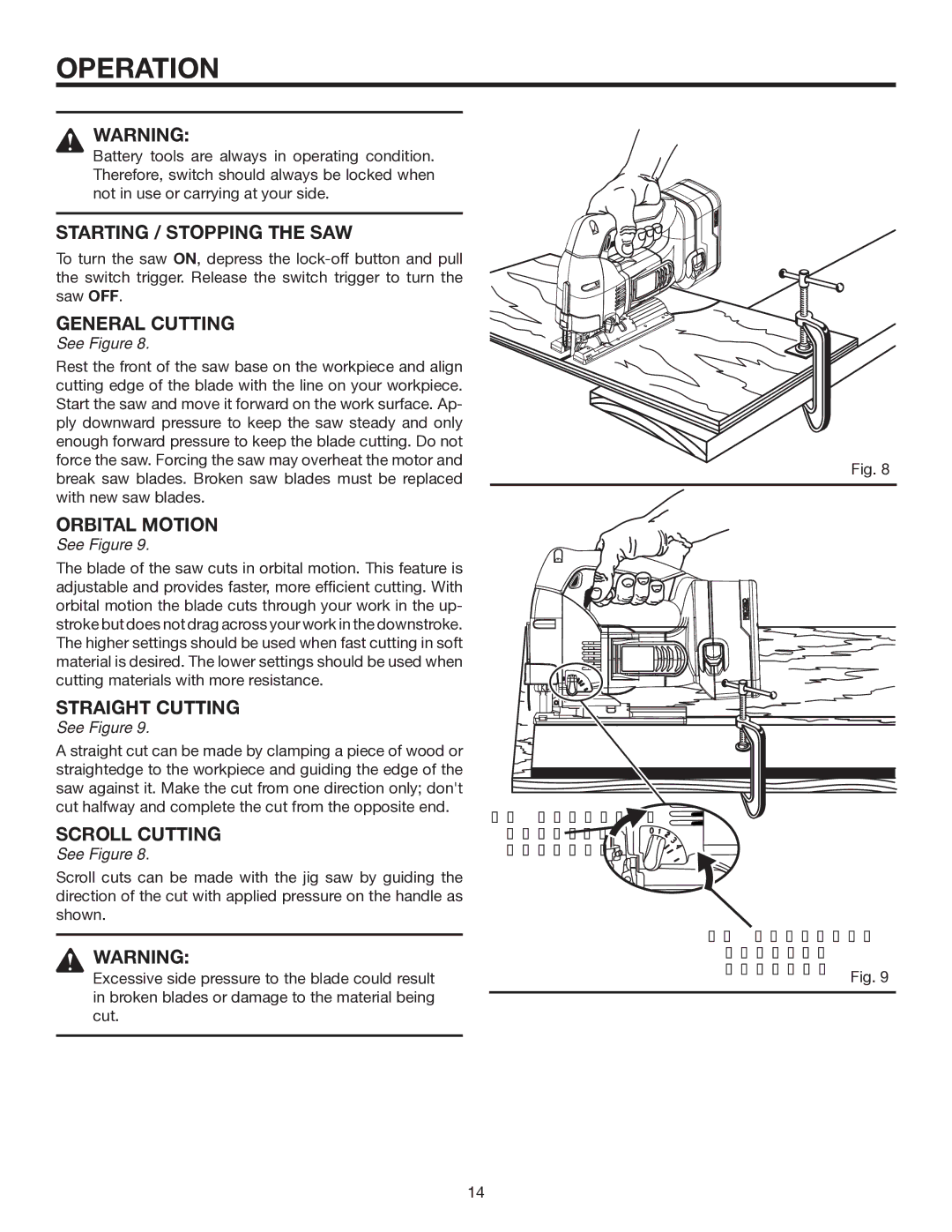 RIDGID R843 manual Starting / Stopping the SAW, General Cutting, Orbital Motion, Straight Cutting, Scroll Cutting 