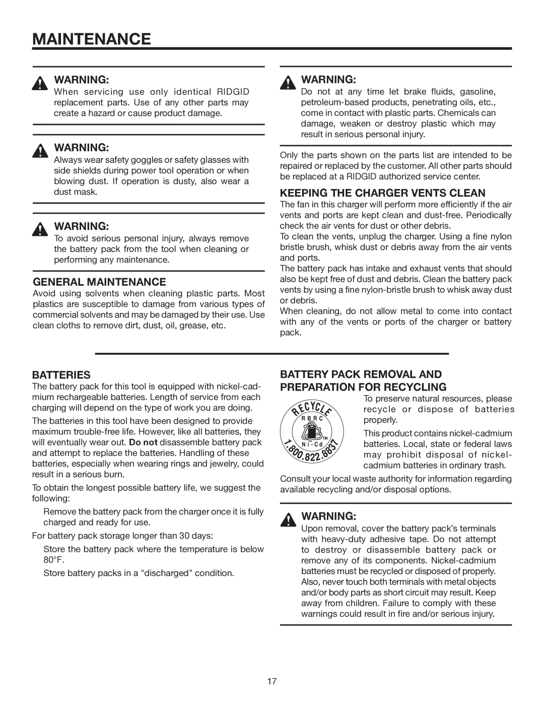RIDGID R843 manual General Maintenance, Keeping the Charger Vents Clean, Batteries 
