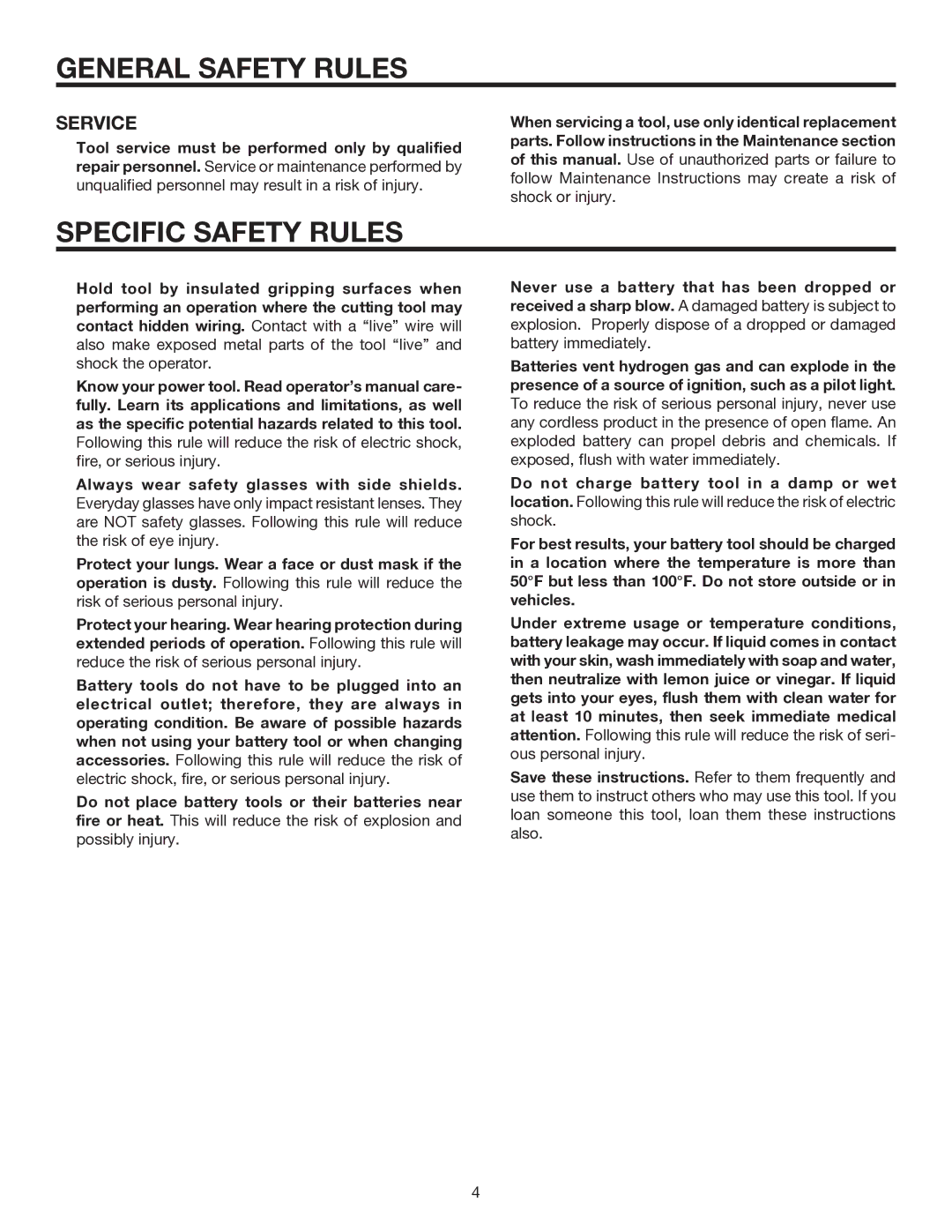 RIDGID R843 manual Specific Safety Rules, Service 