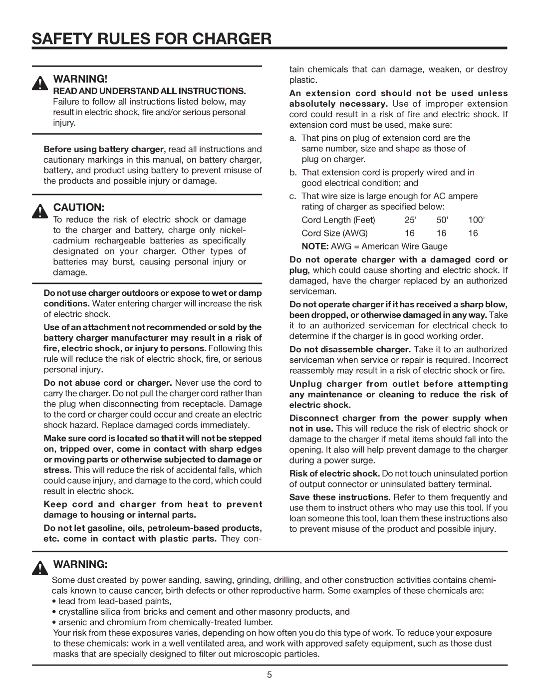 RIDGID R843 manual Safety Rules for Charger 