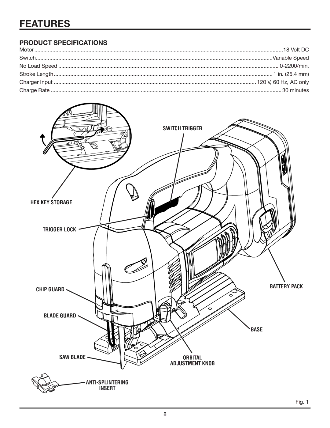 RIDGID R843 manual Features, Product Specifications, Switch Trigger HEX KEY Storage Trigger Lock Chip Guard 