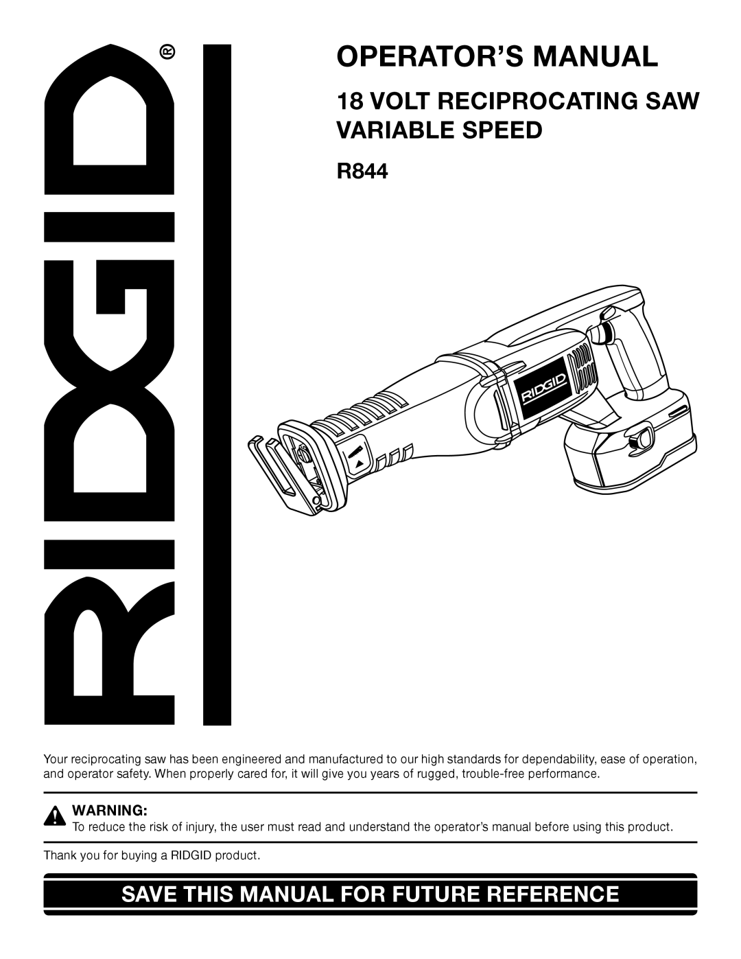 RIDGID R844 manual OPERATOR’S Manual 