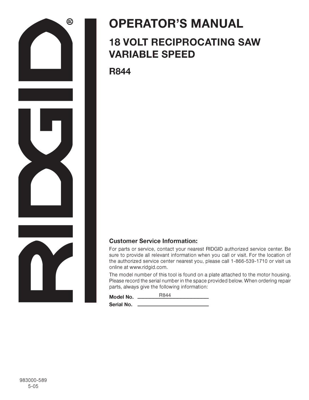 RIDGID R844 manual Customer Service Information 