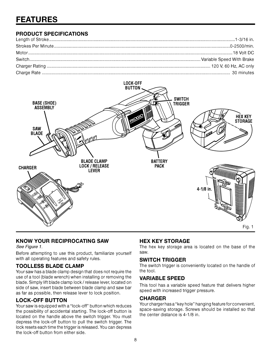 RIDGID R844 manual Features 