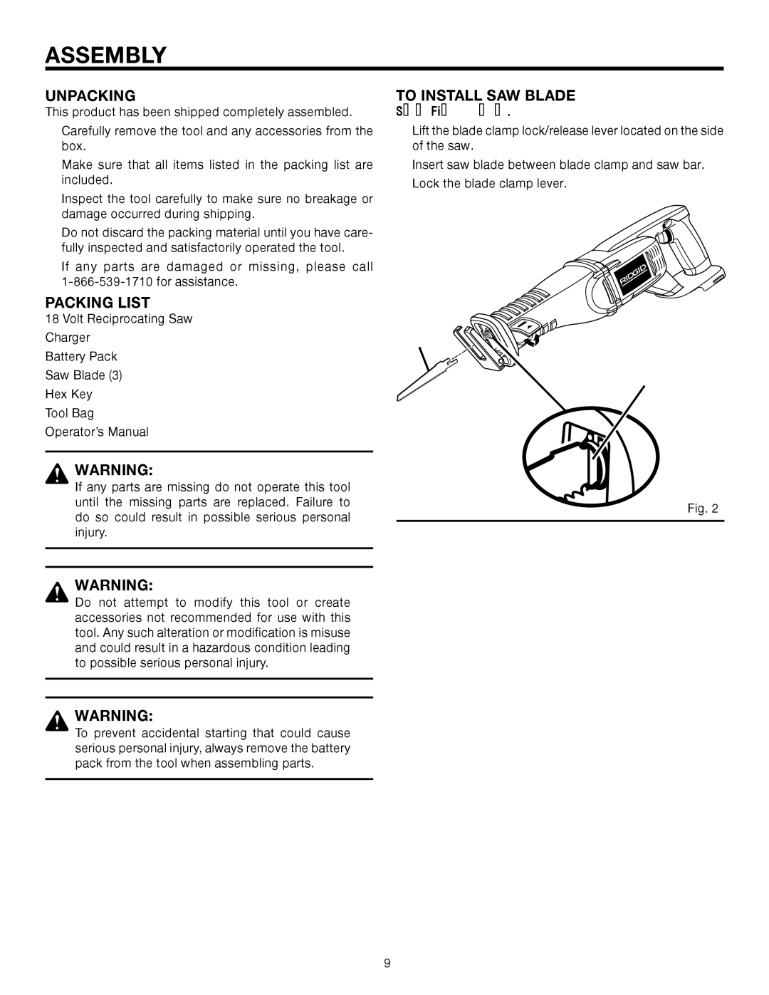 RIDGID R844 manual Assembly, Unpacking, Packing List, To Install SAW Blade 