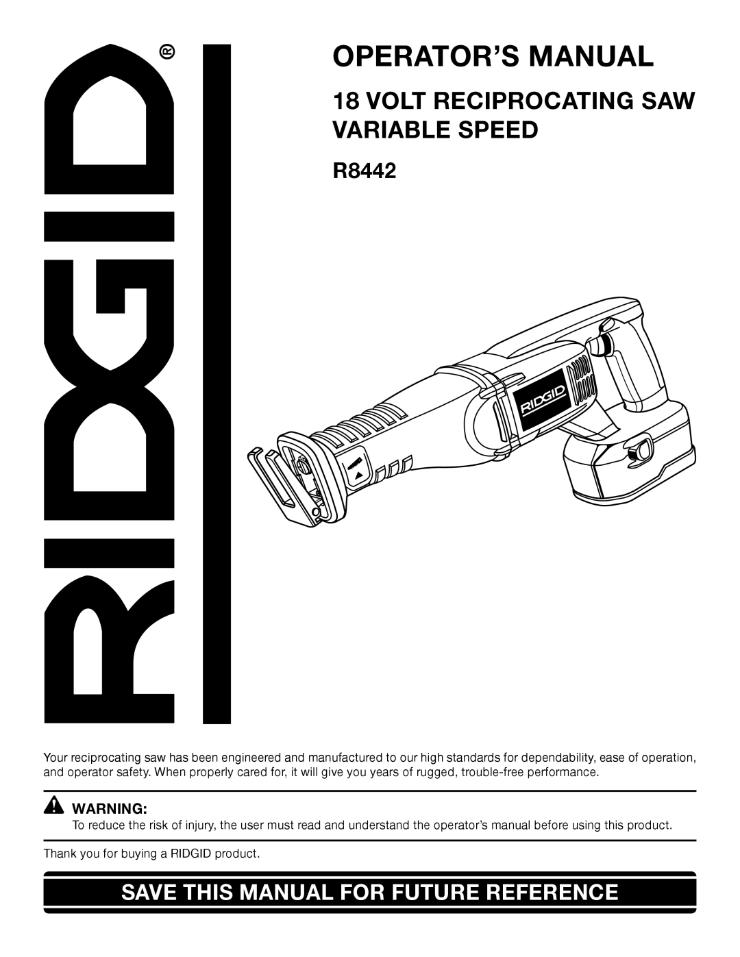 RIDGID R8442 manual OPERATOR’S Manual 