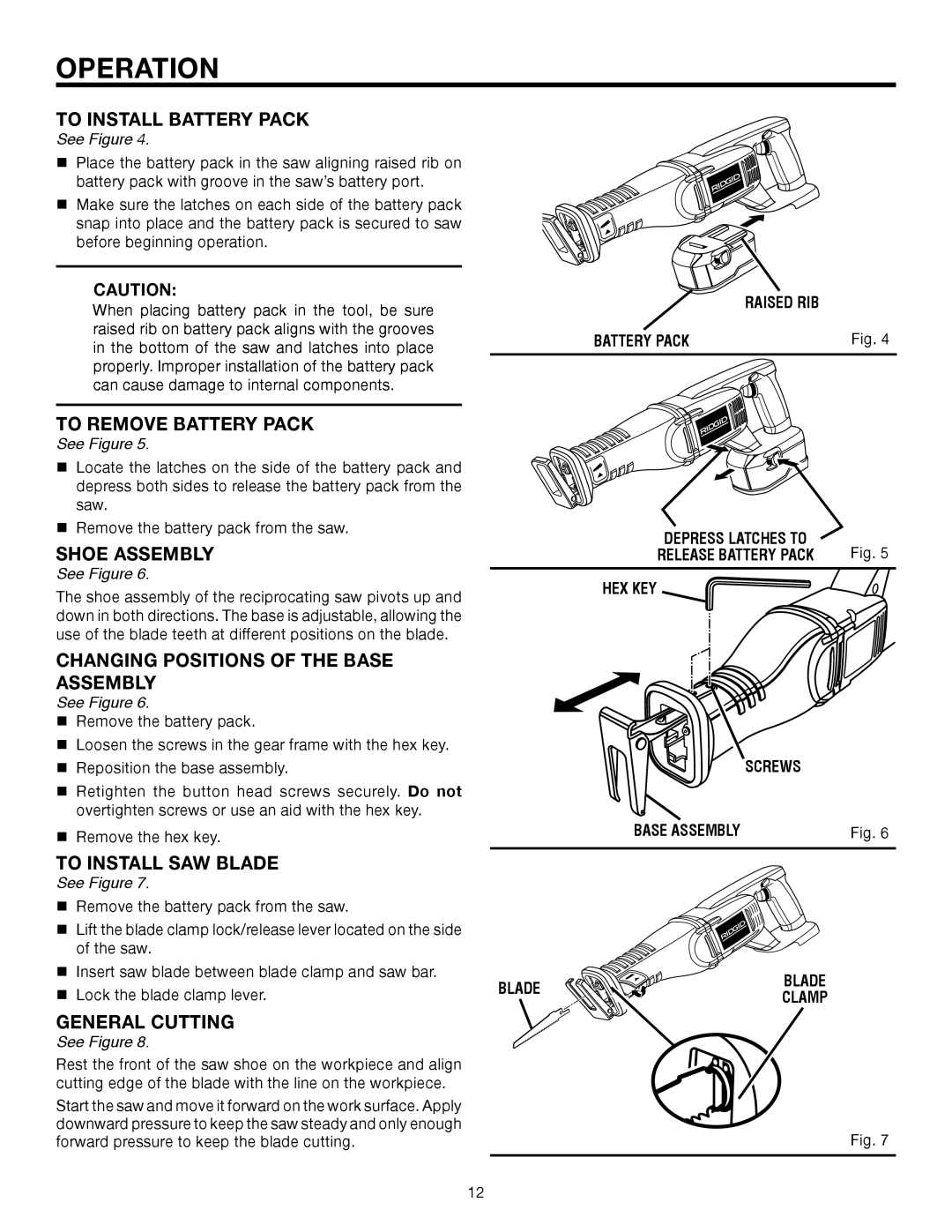 RIDGID R8442 manual To Install Battery Pack, To Remove Battery Pack, Shoe Assembly, Changing Positions of the Base Assembly 