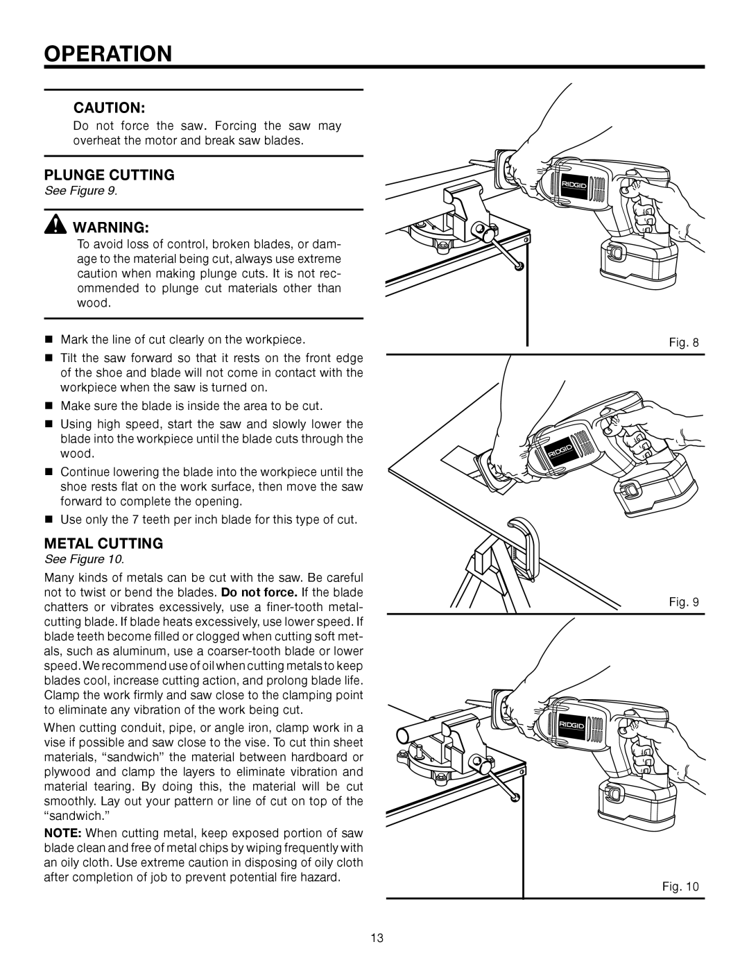 RIDGID R8442 manual Plunge Cutting, Metal Cutting 