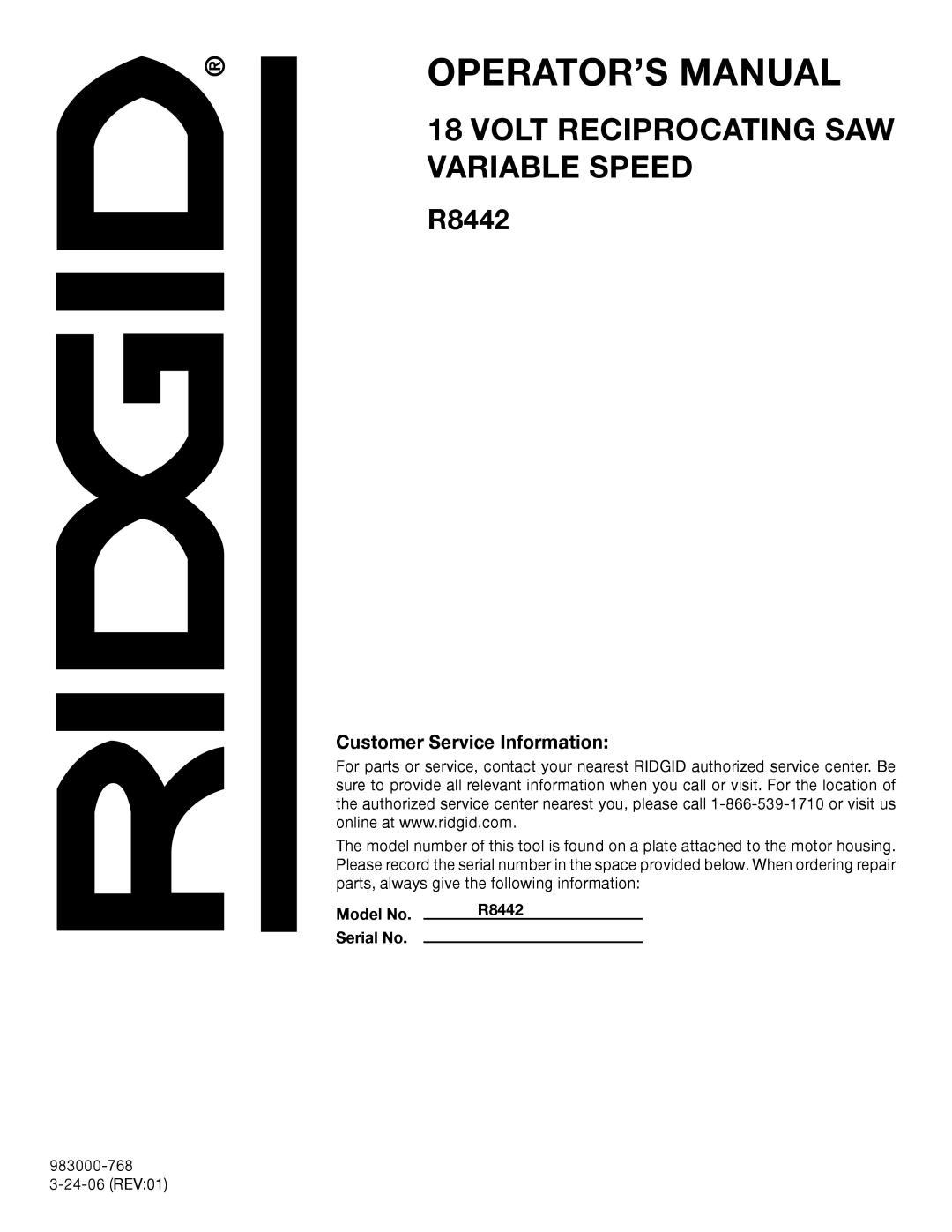 RIDGID R8442 manual Customer Service Information 