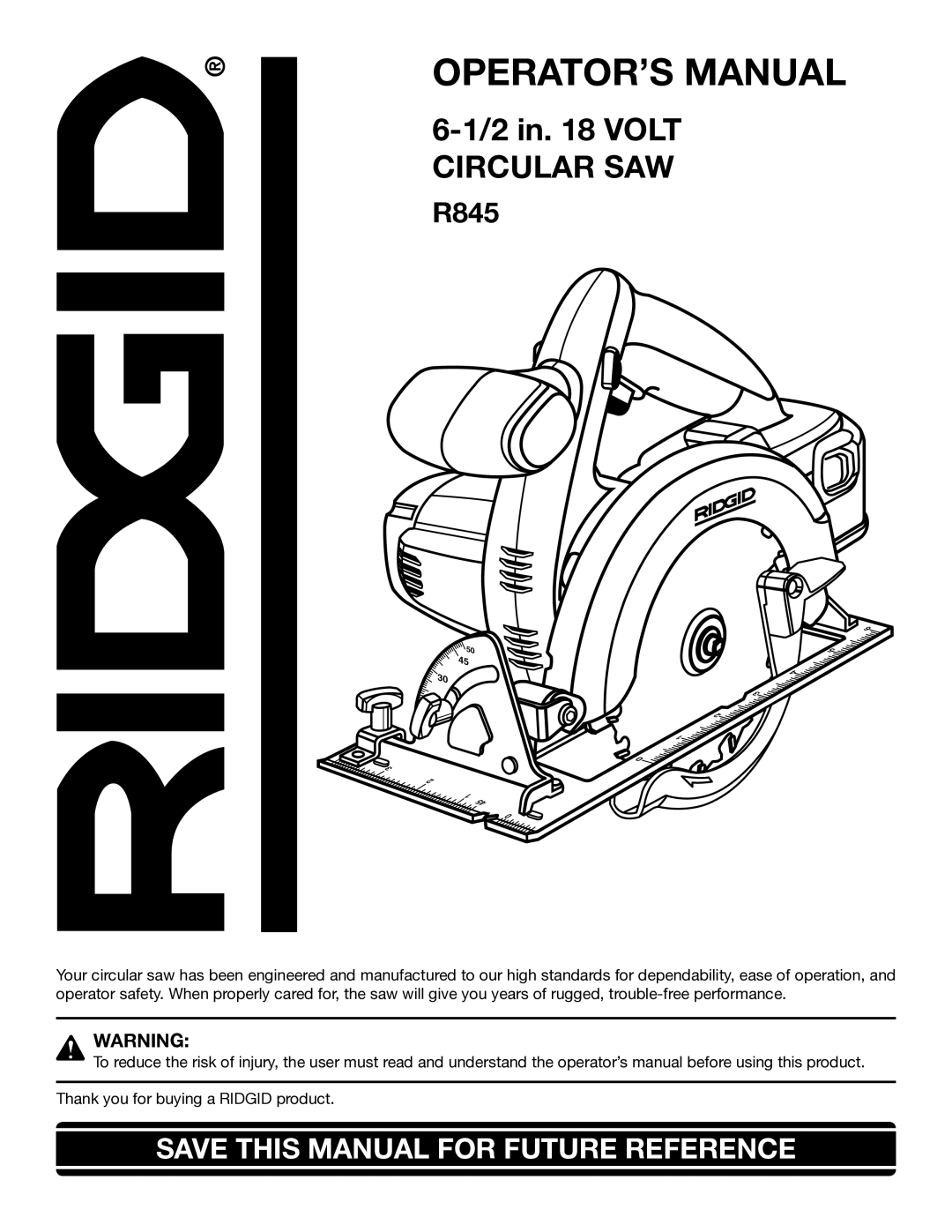 RIDGID R845 manual OPERATOR’S Manual 