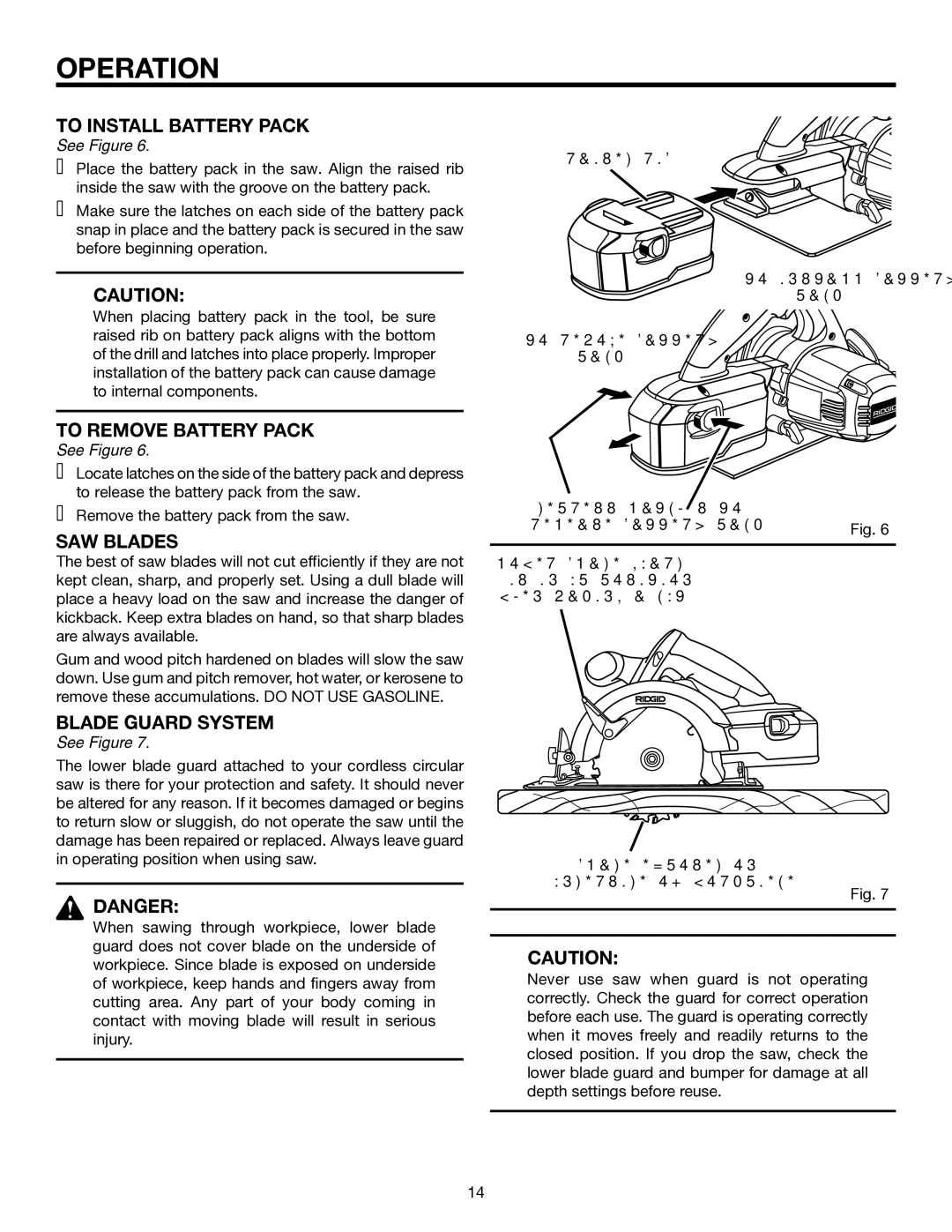 RIDGID R845 manual To Install Battery Pack, To Remove Battery Pack, SAW Blades, Blade Guard System 