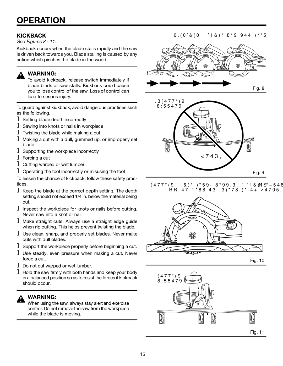 RIDGID R845 manual Wrong, See Figures 8, Kickback Blade SET TOO Deep Incorrect Support, Correct Support 