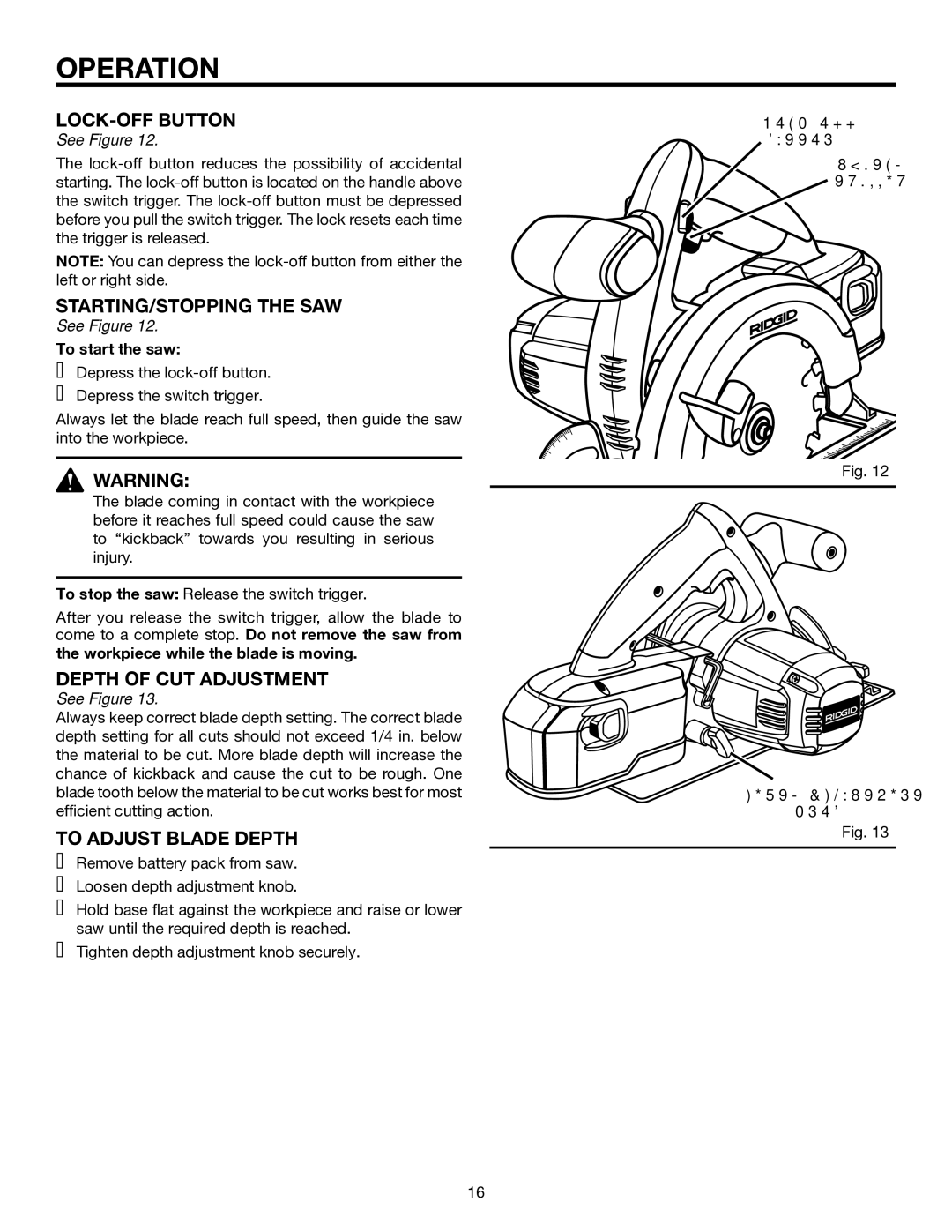 RIDGID R845 manual STARTING/STOPPING the SAW, Depth of CUT Adjustment, To Adjust Blade Depth 