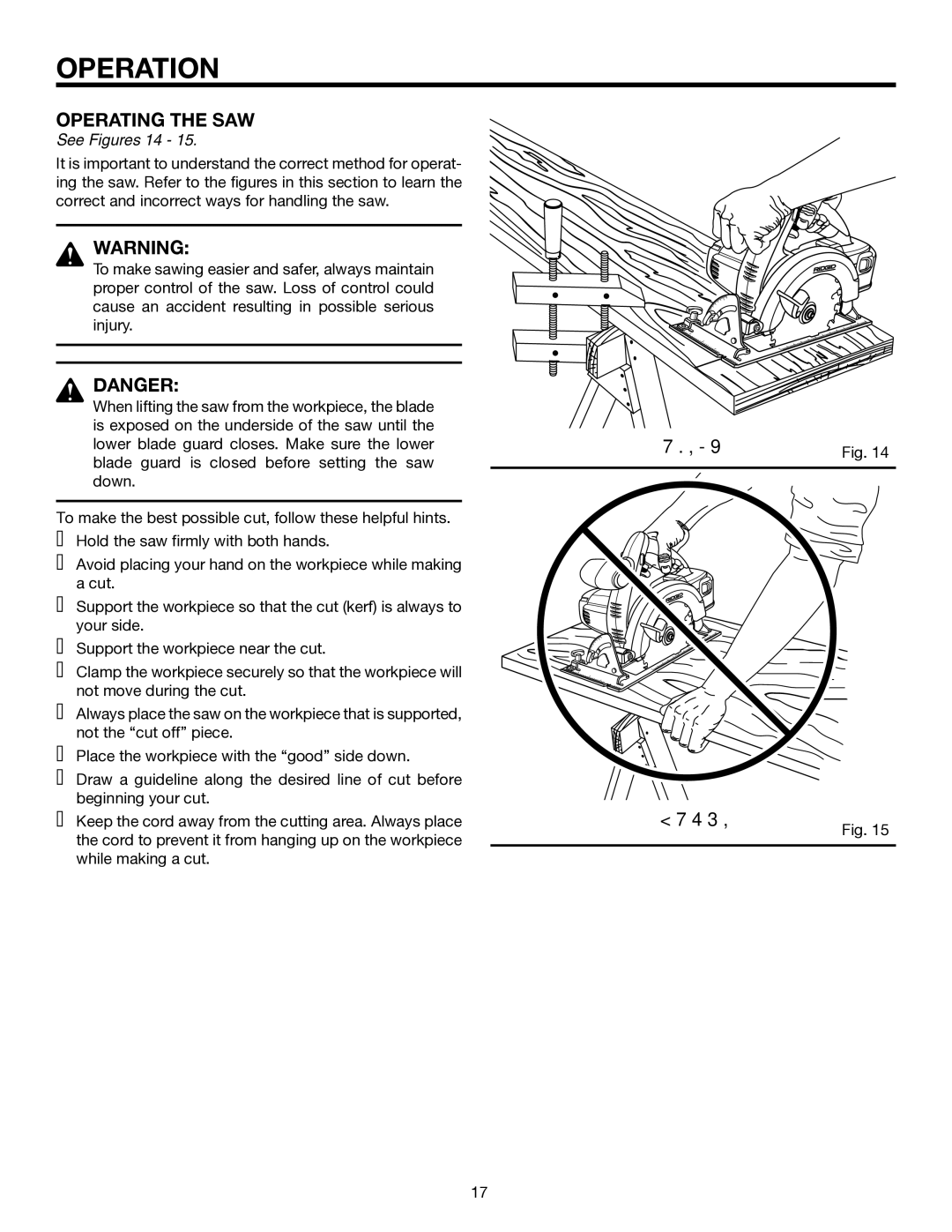 RIDGID R845 manual Operating the SAW, Right Wrong, See Figures 14 