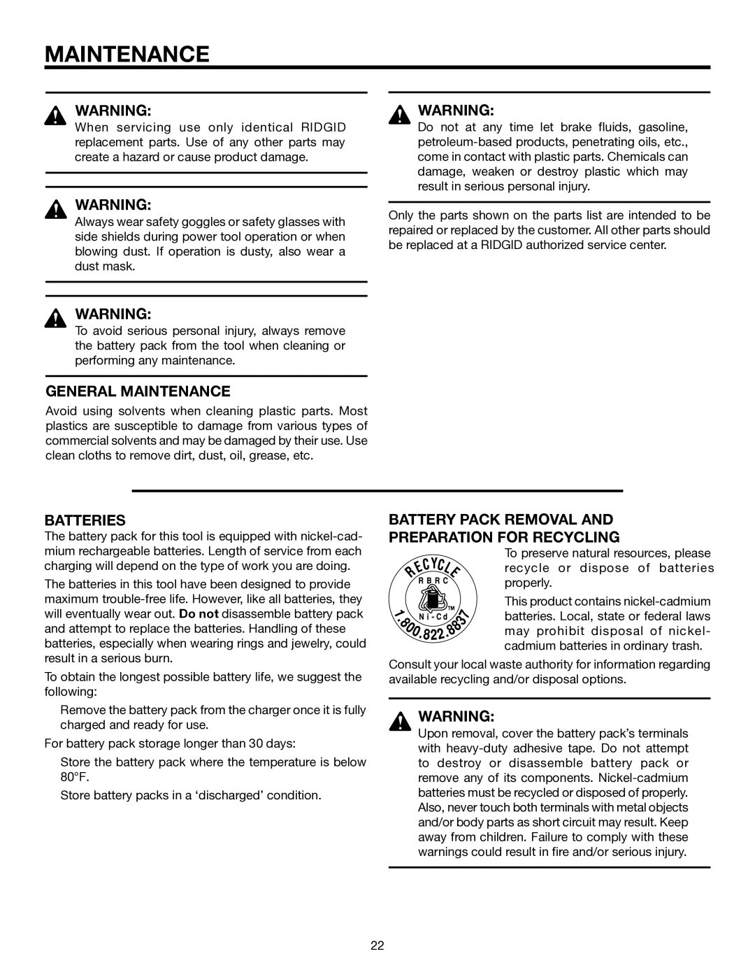 RIDGID R845 manual General Maintenance, Batteries, Battery Pack Removal Preparation for Recycling 