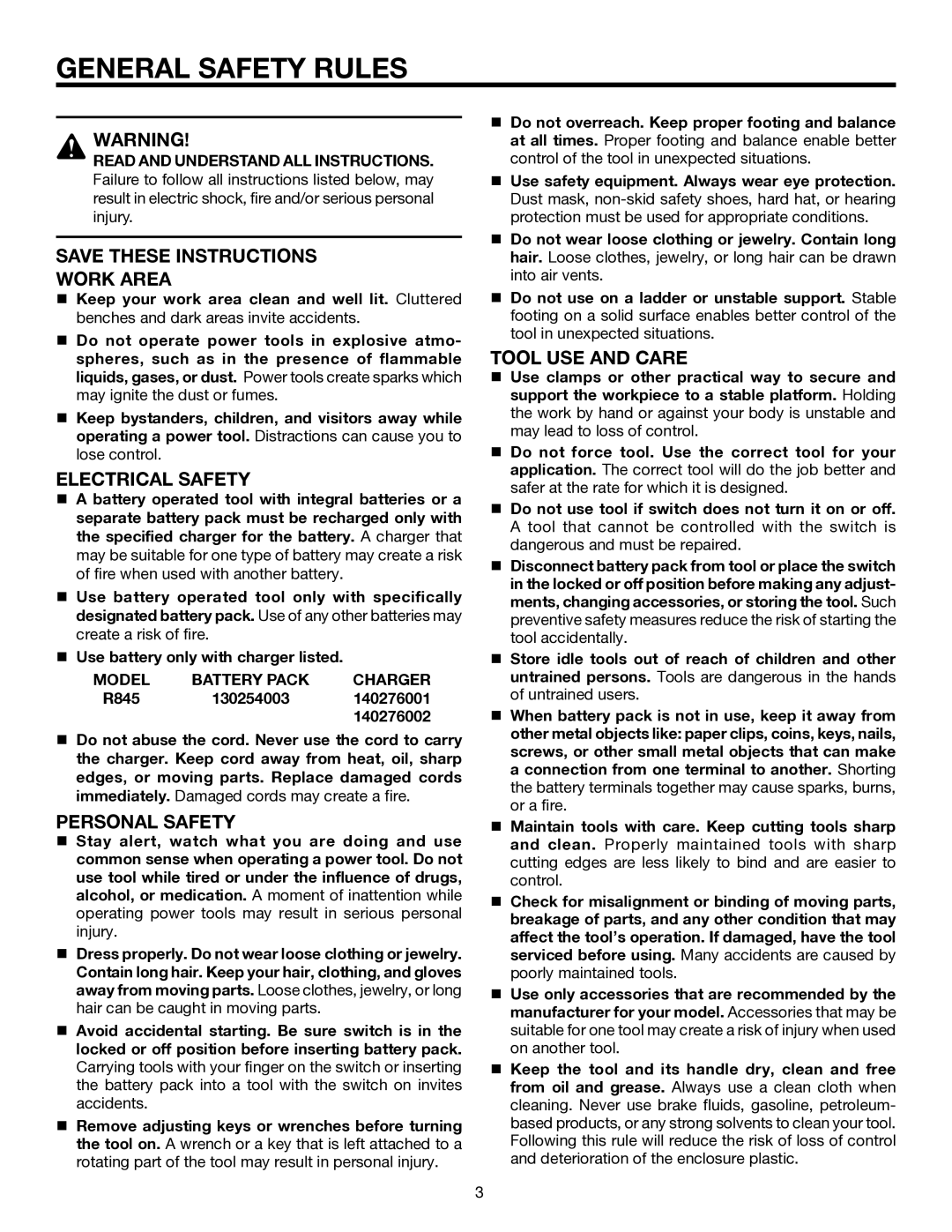 RIDGID R845 manual General Safety Rules, Work Area, Electrical Safety, Personal Safety, Tool USE and Care 