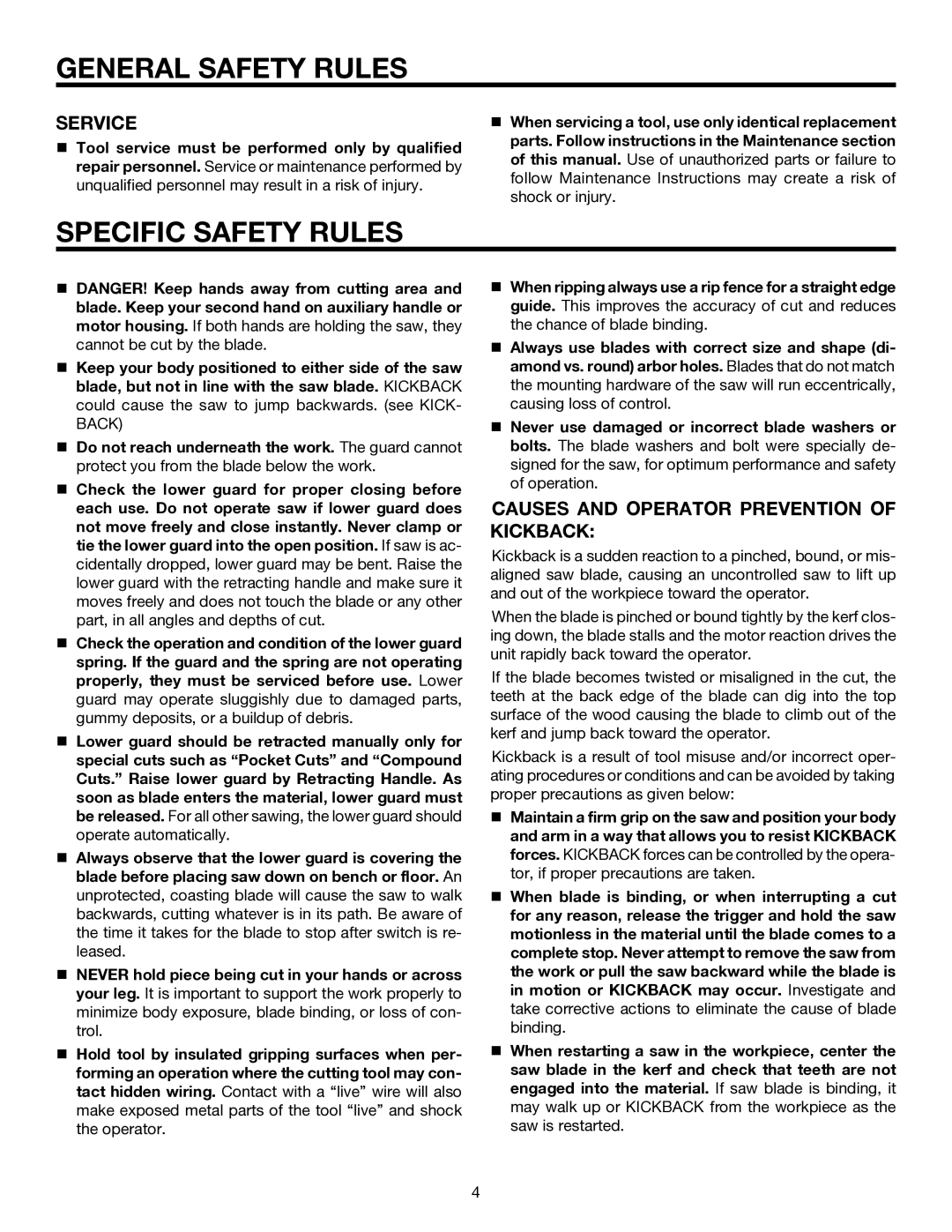 RIDGID R845 manual Specific Safety Rules, Service, Causes and Operator Prevention of Kickback 