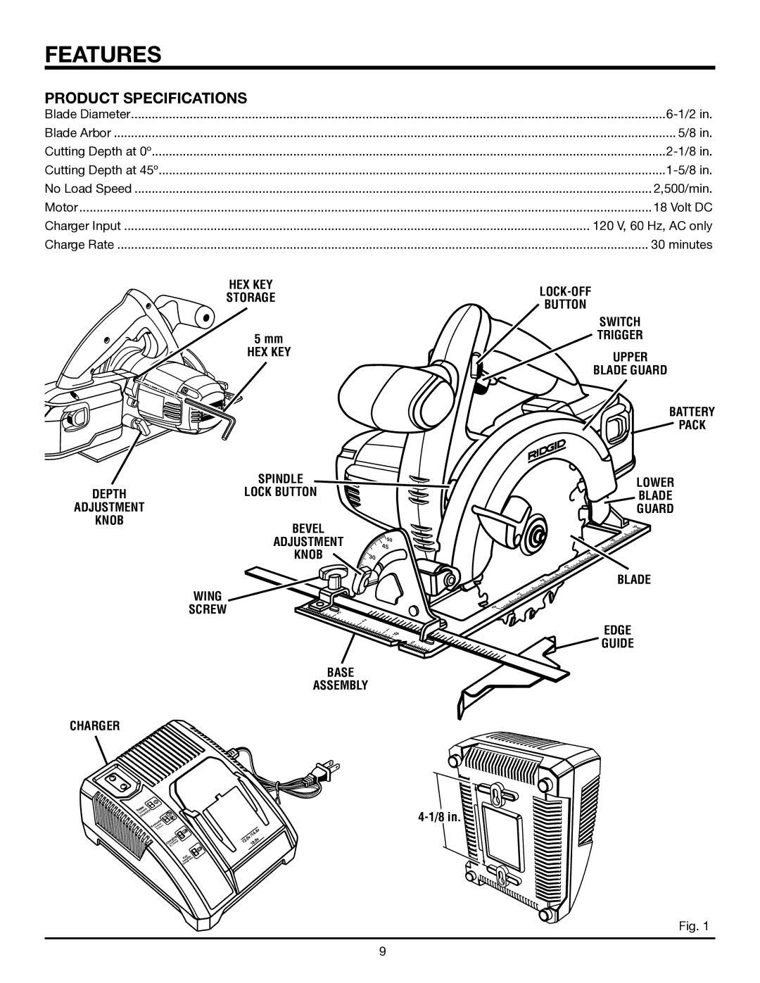 RIDGID R845 manual Features, Product Specifications, HEX KEY Storage, Base Assembly Charger 