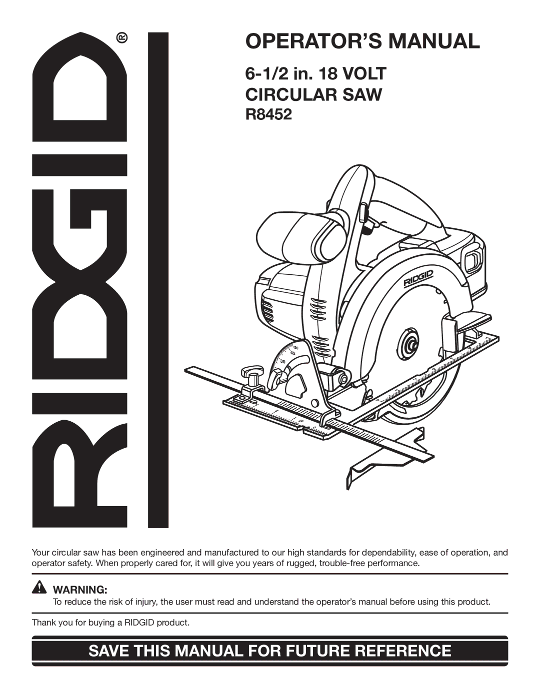 RIDGID R8452 manual OPERATOR’S Manual 