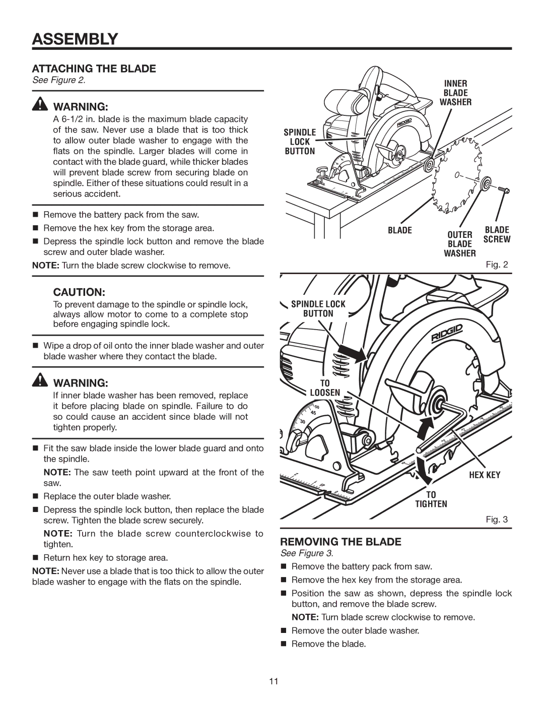 RIDGID R8452 manual Attaching the Blade, Removing the Blade, Inner Blade Washer Spindle Lock Button 