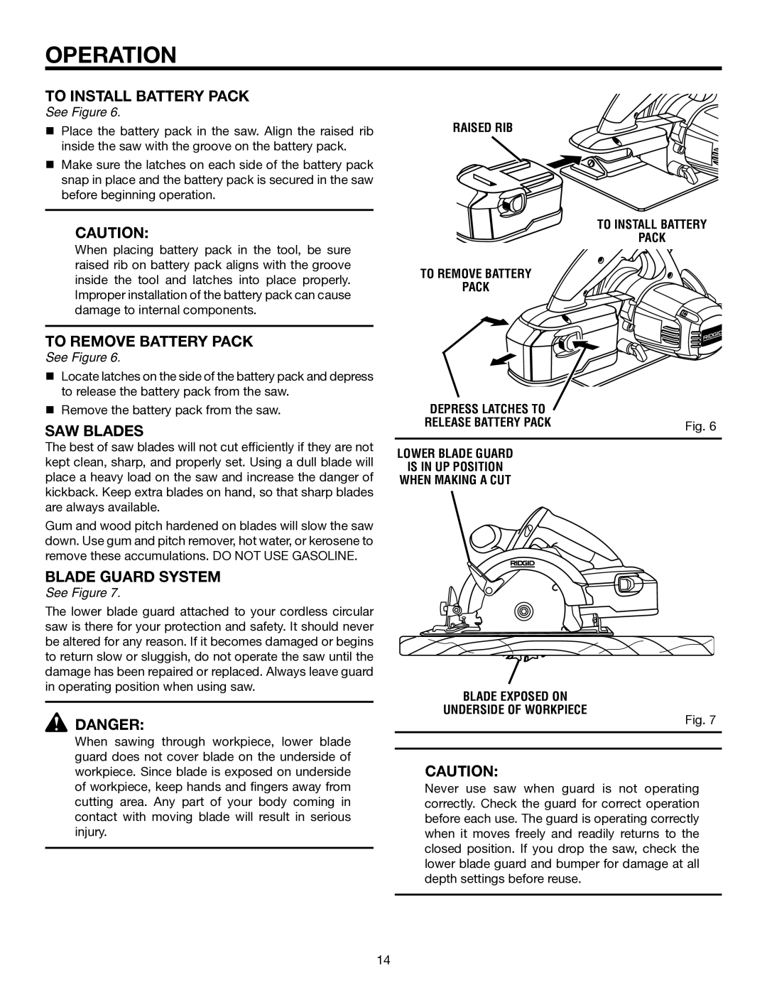 RIDGID R8452 manual To Install Battery Pack, To Remove Battery Pack, SAW Blades, Blade Guard System 