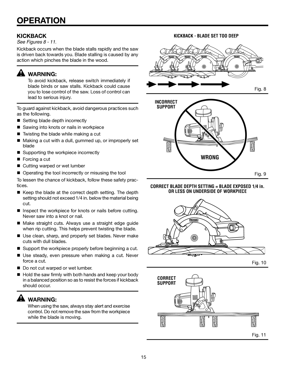 RIDGID R8452 manual Wrong, See Figures 8, Kickback Blade SET TOO Deep Incorrect Support 