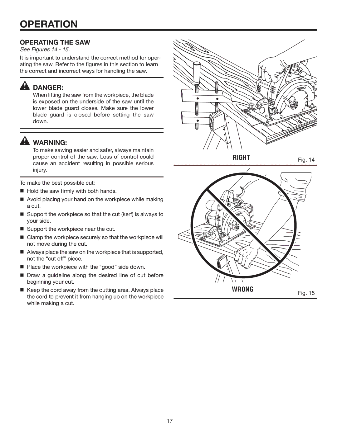 RIDGID R8452 manual Operating the SAW, Right Wrong, See Figures 14 