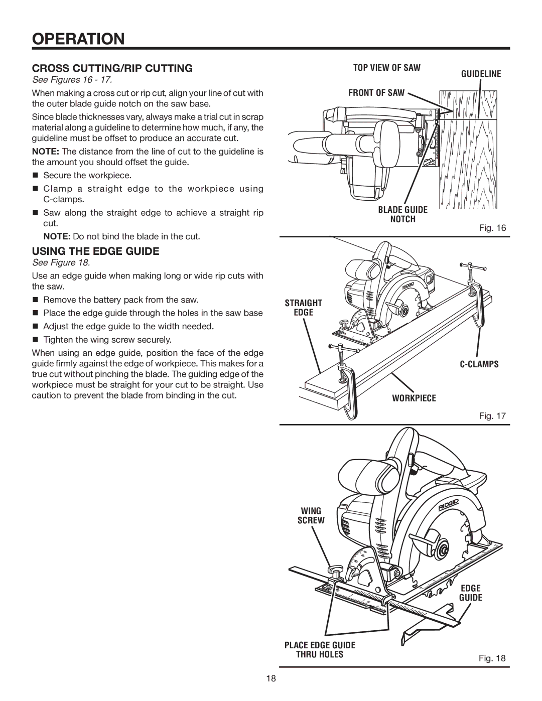 RIDGID R8452 manual Cross CUTTING/RIP Cutting, Using the Edge Guide, See Figures 16, TOP View of SAW 