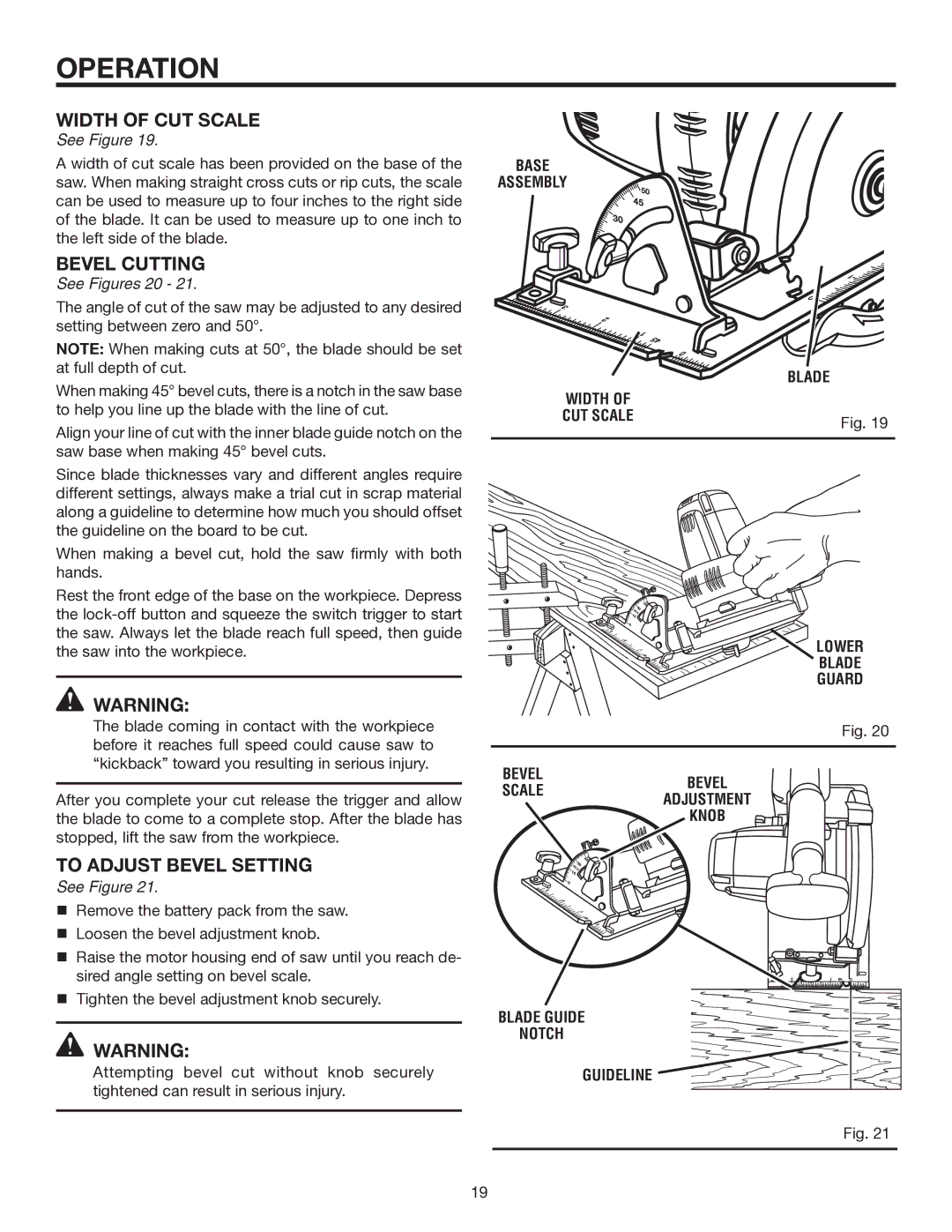 RIDGID R8452 manual Bevel Cutting, To Adjust Bevel Setting, See Figures 20 