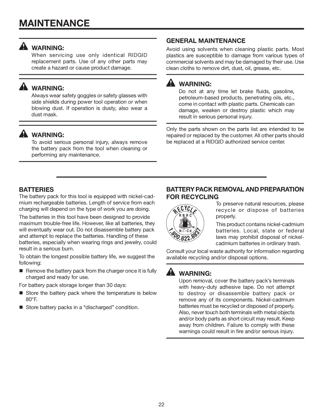 RIDGID R8452 manual General Maintenance, Batteries, Battery Pack Removal and Preparation for Recycling 