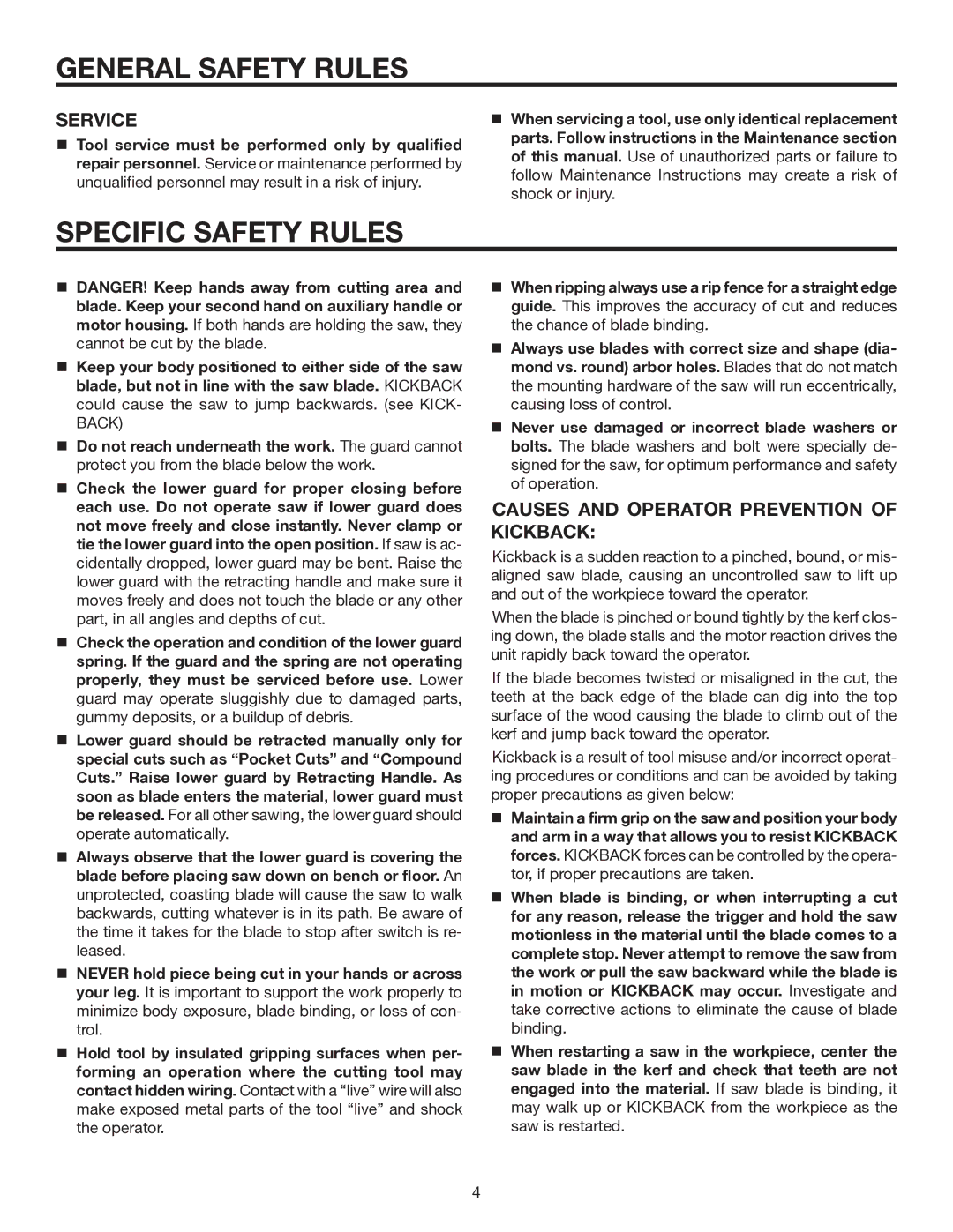 RIDGID R8452 manual Specific Safety Rules, Service, Causes and Operator Prevention of Kickback 