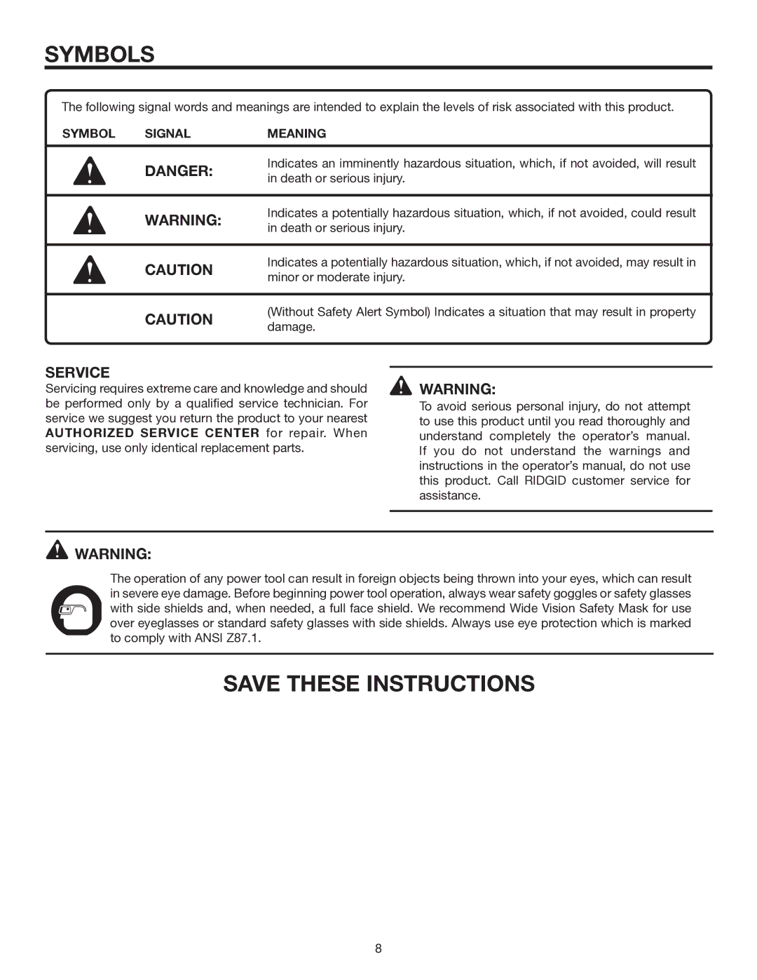 RIDGID R8452 manual Service, Symbol Signal Meaning 