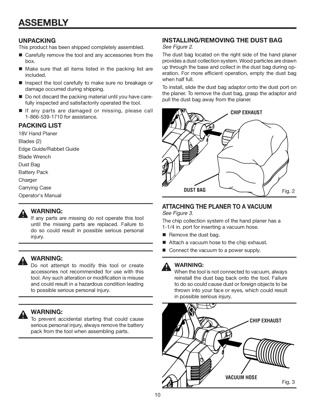 RIDGID R848 manual Assembly, Unpacking, Packing List, INSTALLING/REMOVING the Dust BAG, Attaching the Planer to a Vacuum 