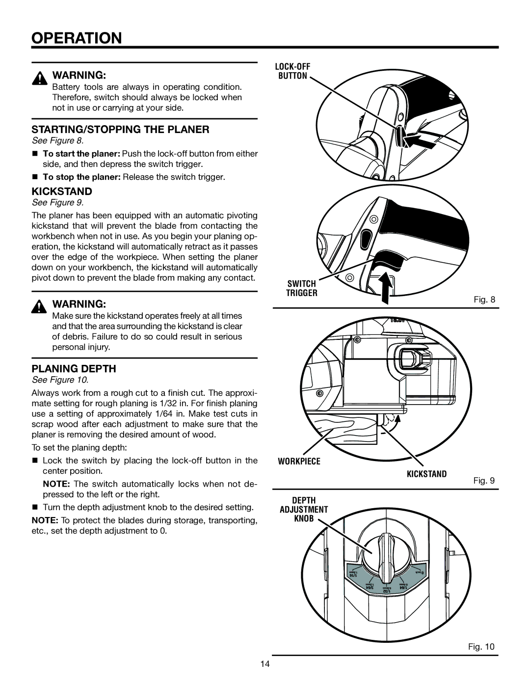 RIDGID R848 manual STARTING/STOPPING the Planer, Planing Depth, Workpiece Kickstand Depth Adjustment Knob 