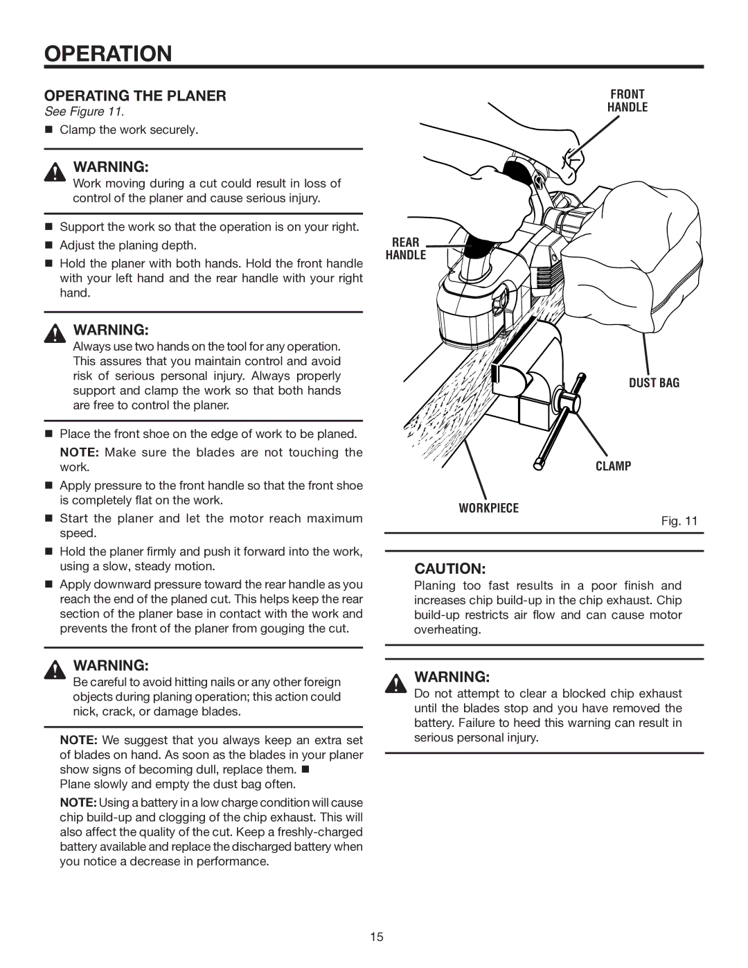 RIDGID R848 manual Operating the Planer, Front Handle, Dust BAG Clamp Workpiece 