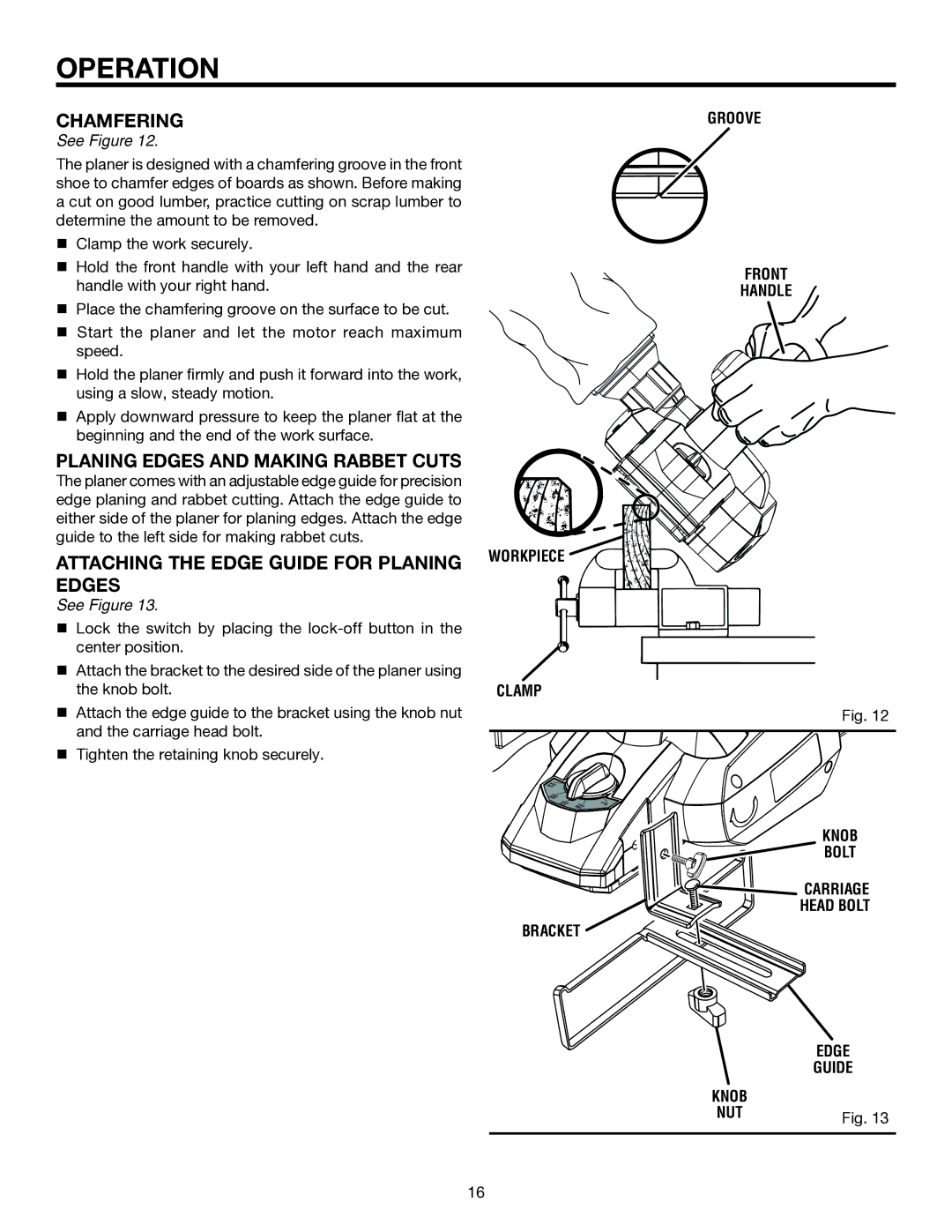 RIDGID R848 manual Chamfering, Planing Edges and Making Rabbet Cuts, Attaching the Edge Guide for Planing Edges 