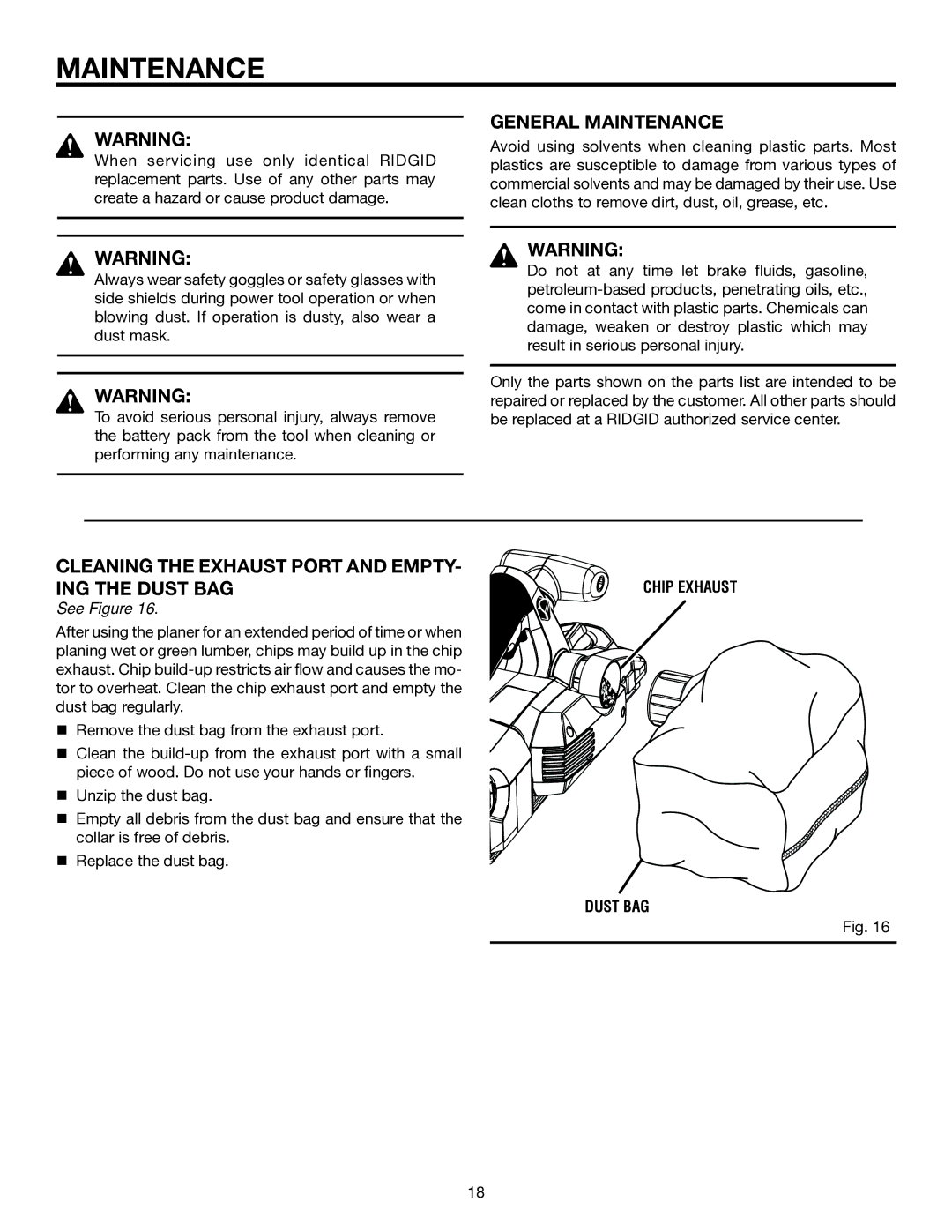 RIDGID R848 manual General Maintenance, Cleaning the Exhaust Port and EMPTY- ING the Dust BAG 