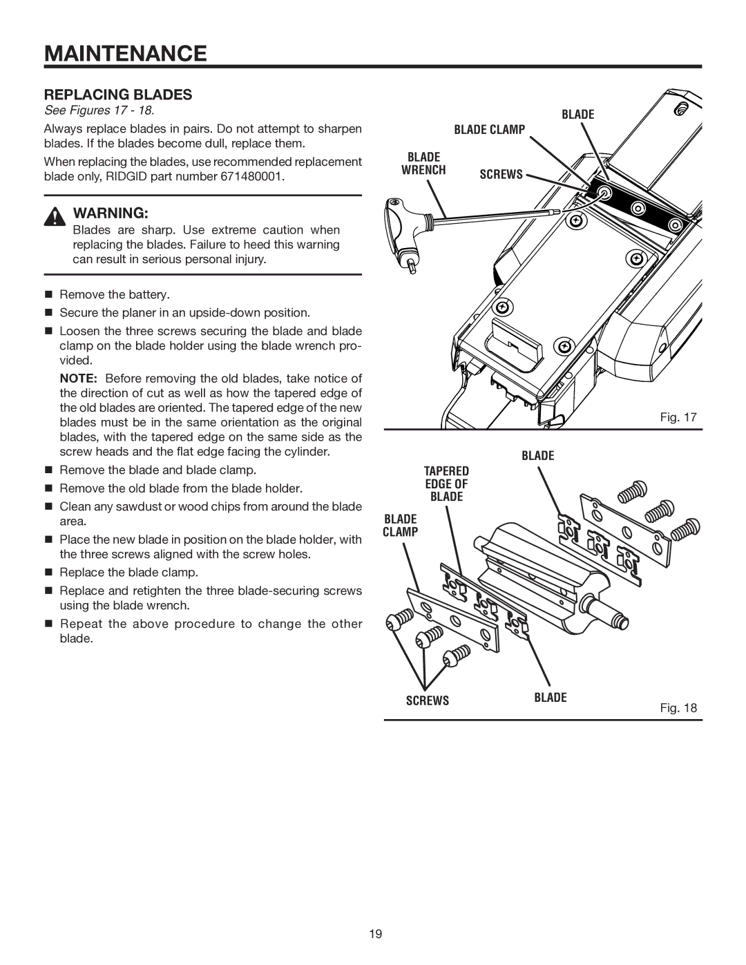 RIDGID R848 manual Replacing Blades, Blade Blade Clamp Wrench Screws Tapered Edge 