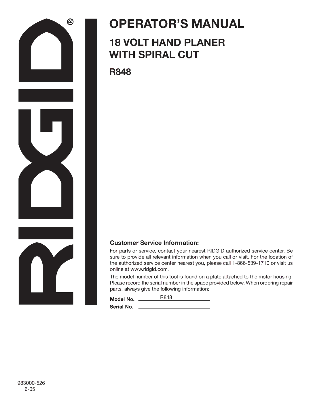 RIDGID R848 manual Customer Service Information 