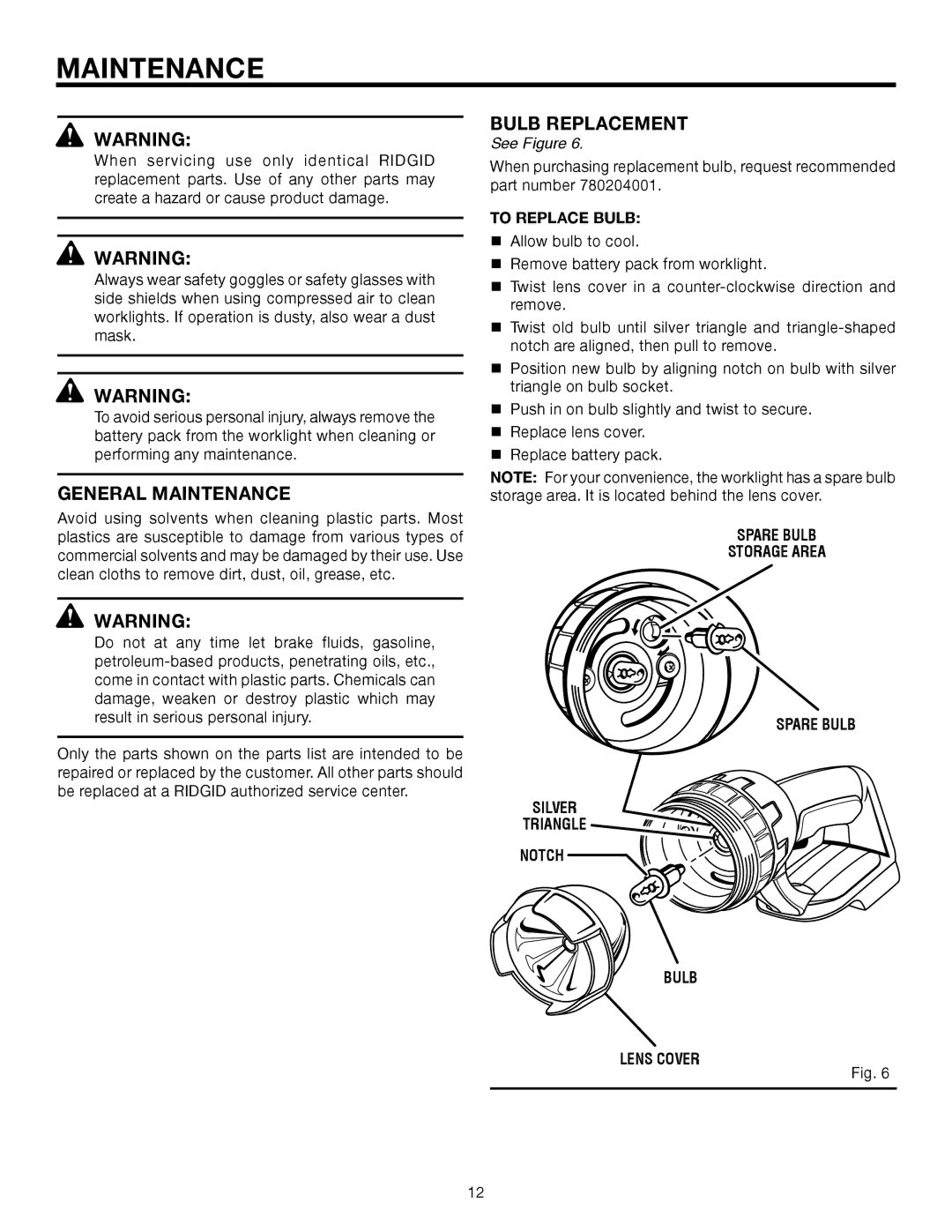 RIDGID R849 manual General Maintenance, Bulb Replacement, To Replace Bulb 