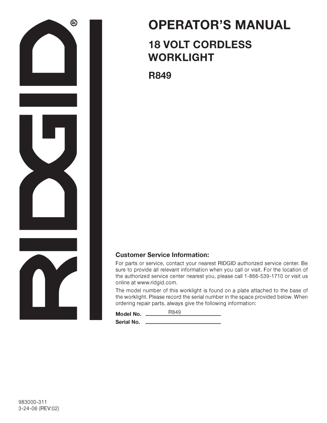 RIDGID R849 manual Customer Service Information 