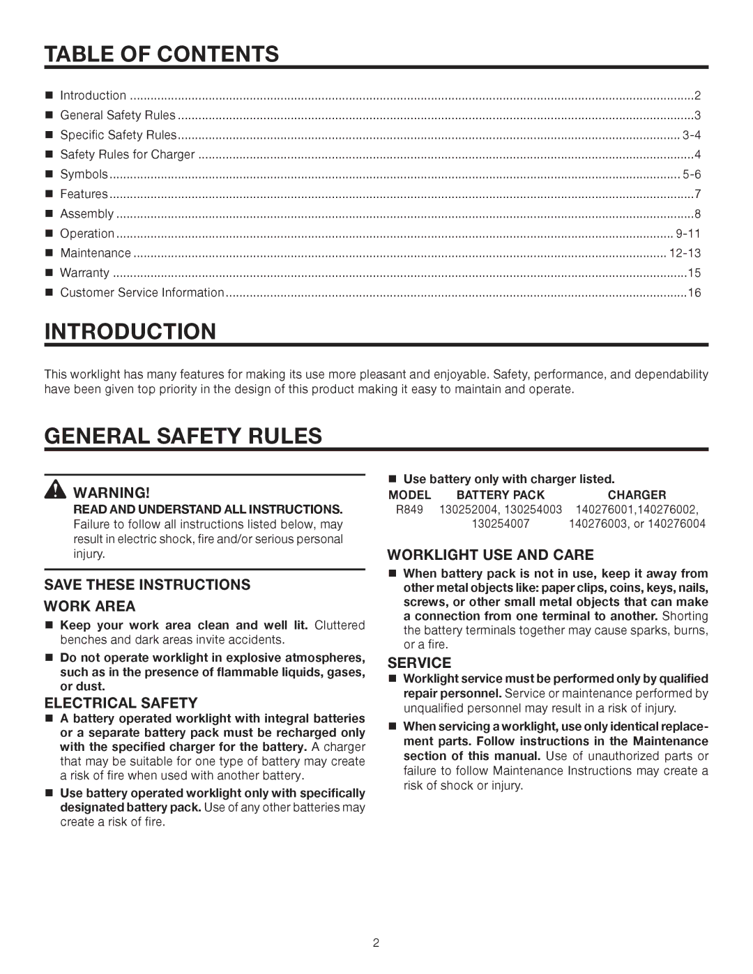 RIDGID R849 manual Table of Contents, Introduction, General Safety Rules 