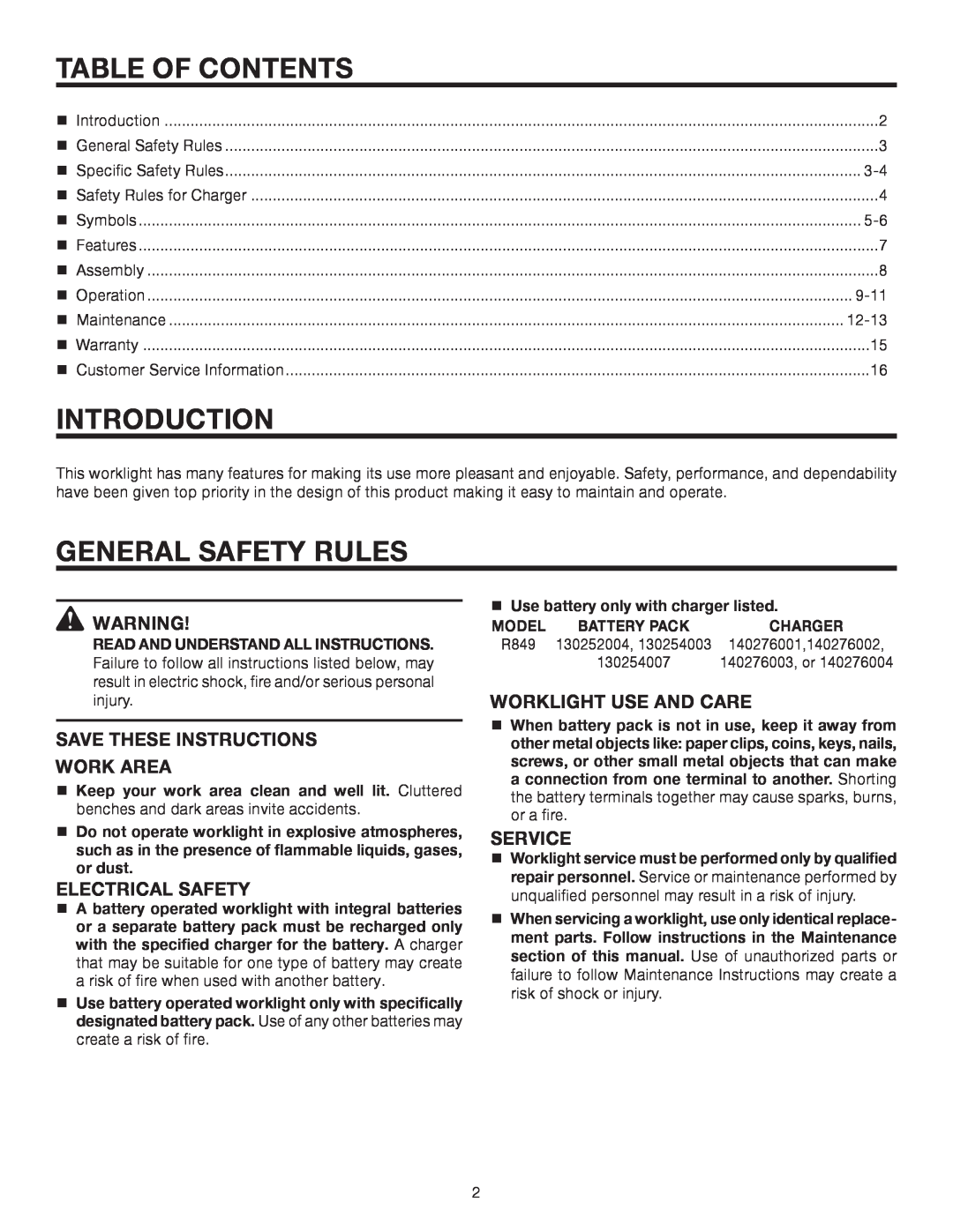 RIDGID R849 Table Of Contents, Introduction, General Safety Rules, Save These Instructions Work Area, Electrical Safety 
