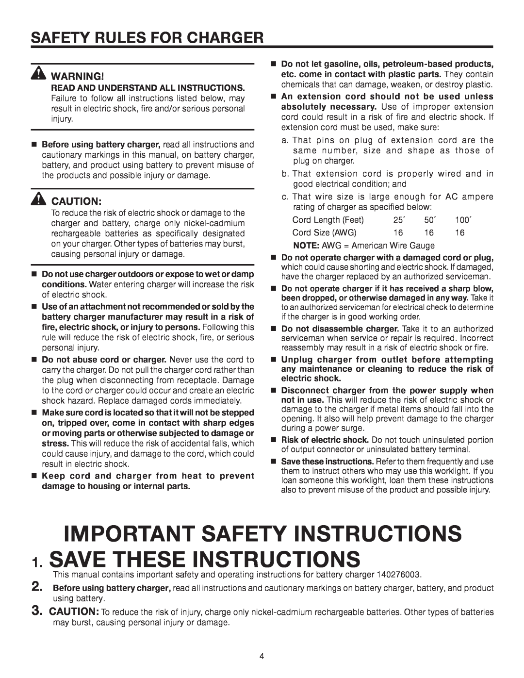 RIDGID R849 manual Safety Rules For Charger, IMPORTANT SAFETY INSTRUCTIONS 1. SAVE THESE INSTRUCTIONS 