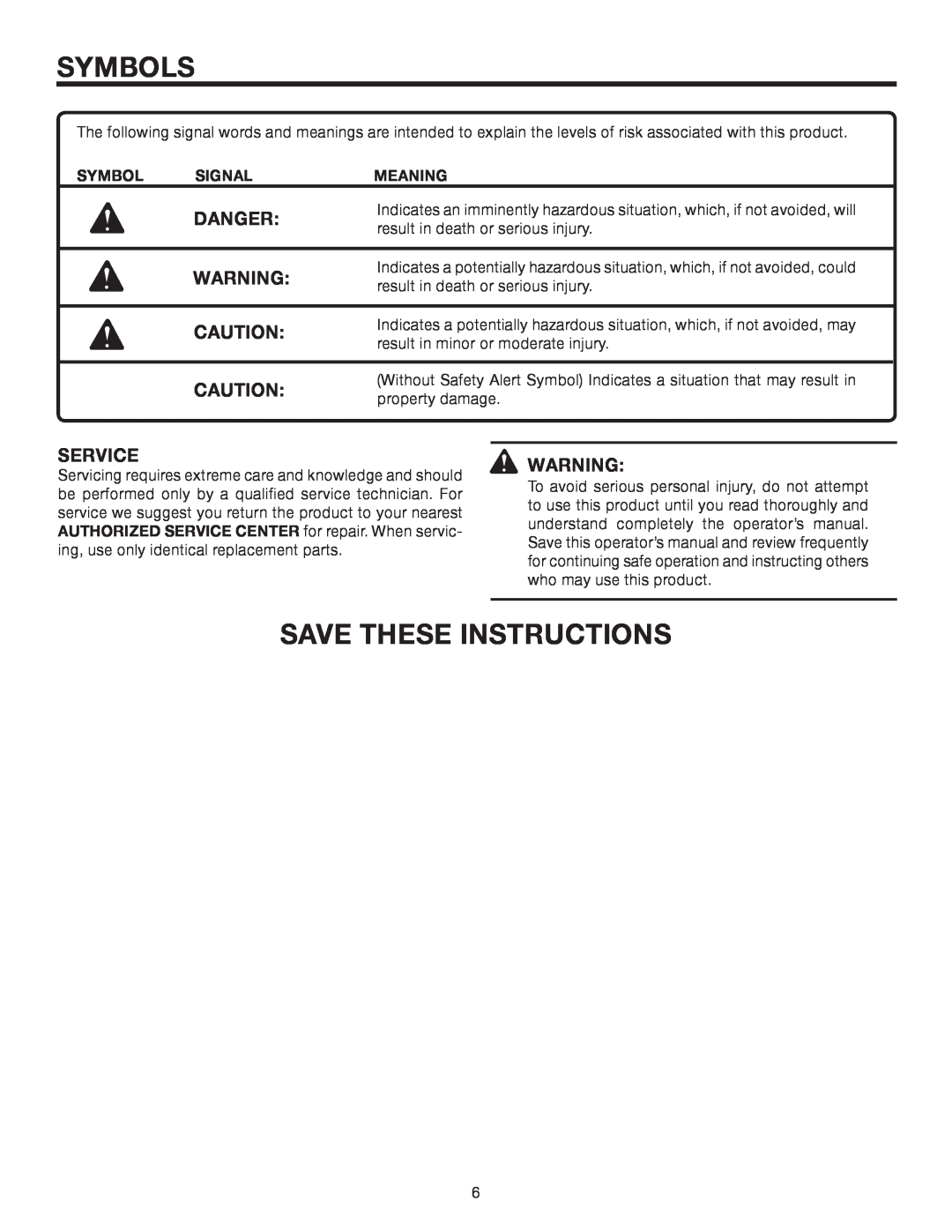 RIDGID R849 manual Save These Instructions, Danger, Symbols, Service, Signal, Meaning 