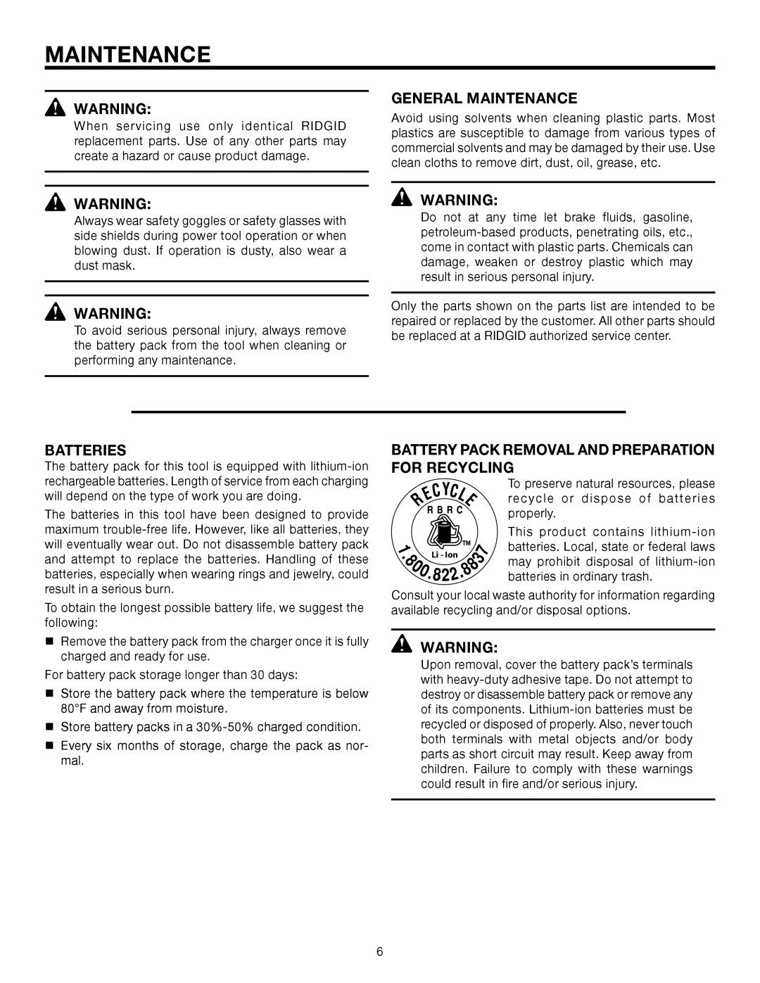 RIDGID R85009 manual General Maintenance, Batteries, Battery Pack Removal and Preparation for Recycling 